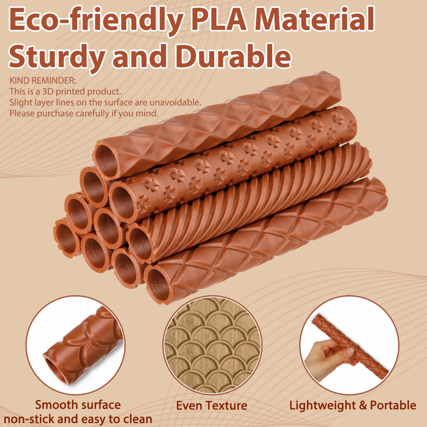 Leriton 10 Pcs Clay Texture Rollers Set, 3D-Printed Clay Pottery Tools 7 in x 0.91 in for Miniatures, Tabletop, Pottery, DIY Crafting, Jewelry Crafting