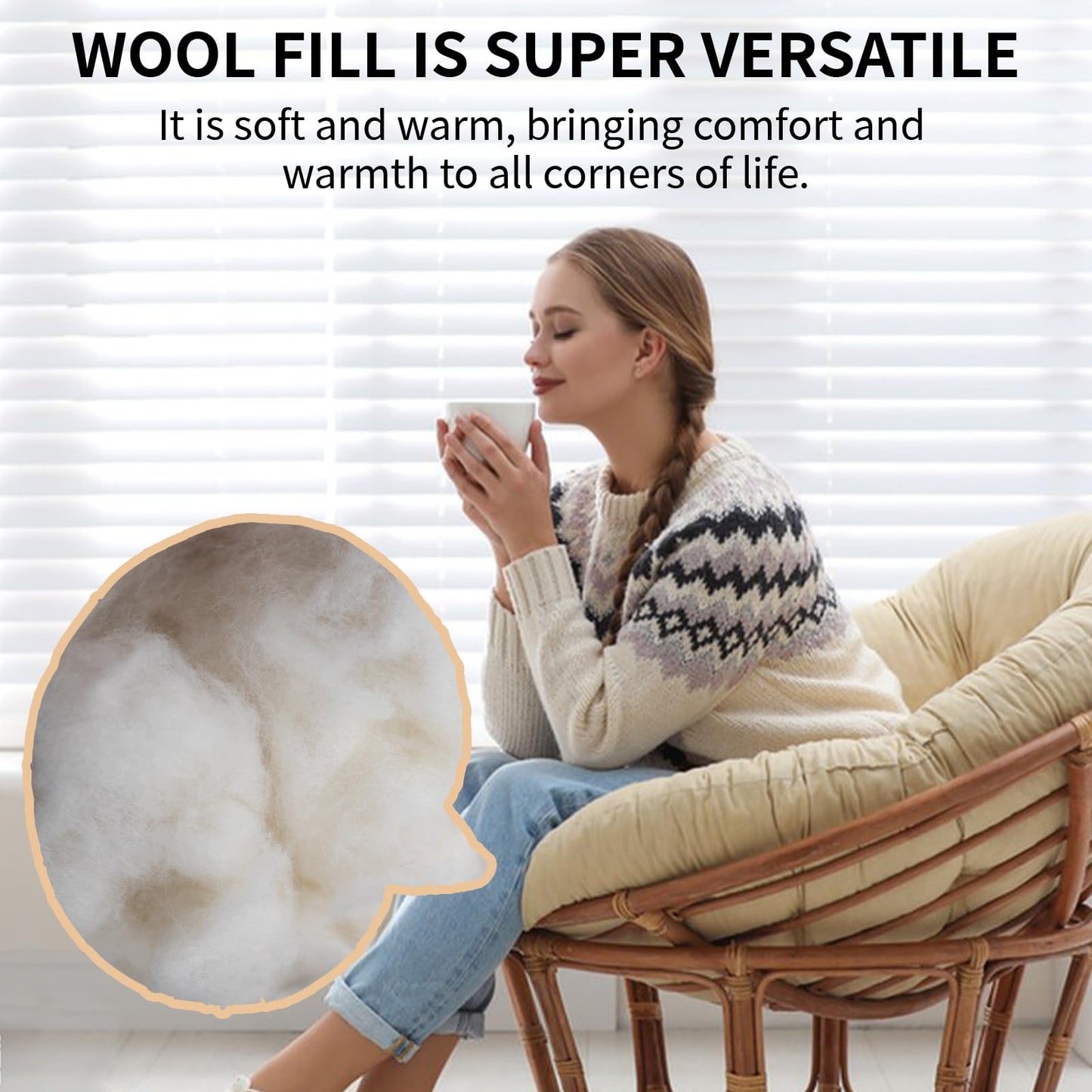 Natural Organic Wool Stuffing for Hypoallergenic Premium Wool Batting Filler for Pillows, Cushions, Needle Felting, Super Clean & Pre-Washed Natural White 5.3oz