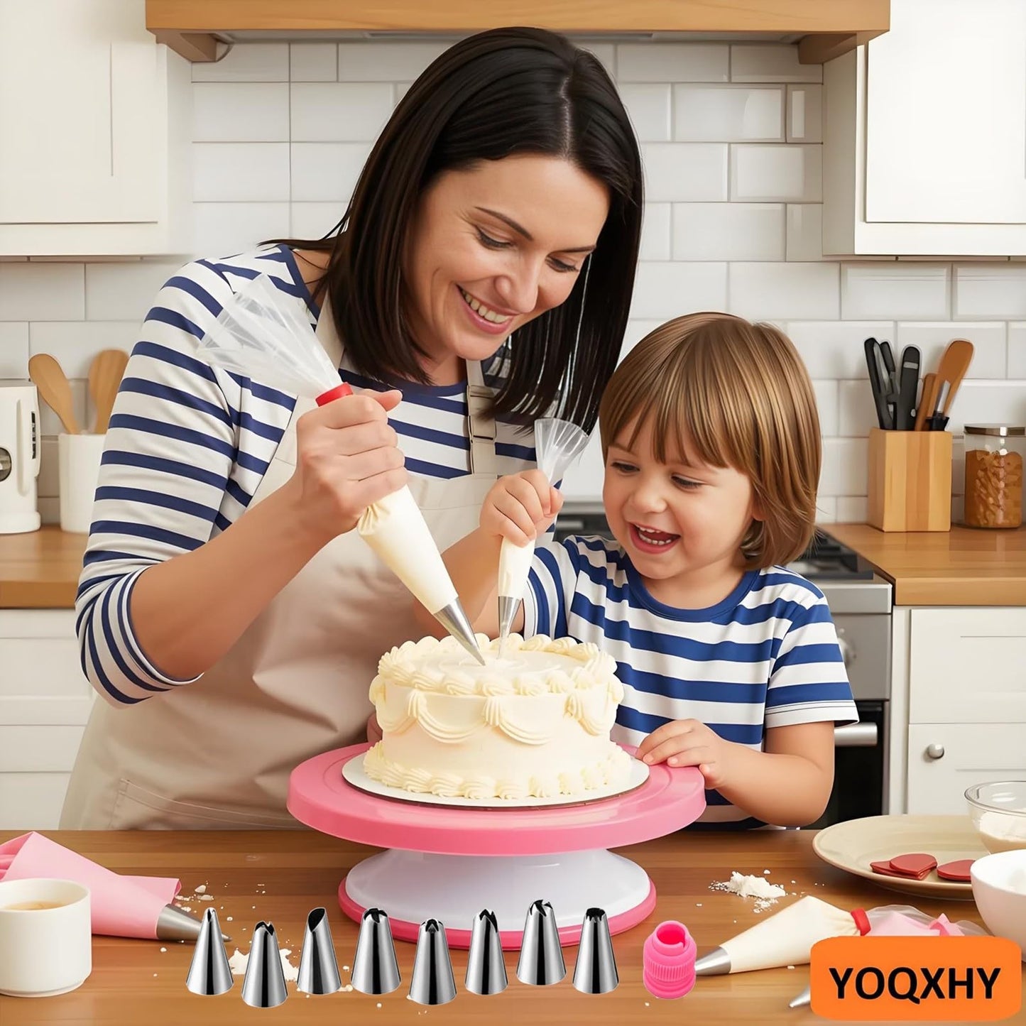 YOQXHY Cake Decorating Kit, 190 Pcs Baking Supplies Tools with Cake Turntable, Leveler, 24 Numbered Icing Tips, 2 Spatulas, 3 Scrapers, 2 Couplers, 50 Cupcake Liners, 100 Pastry Bags & More, (Pink)
