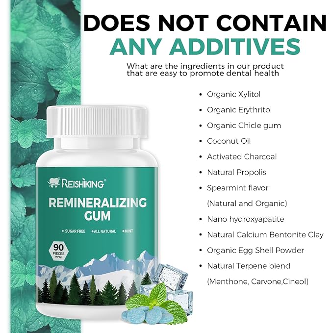 REMINERALIZING GUM, 90 Pieces, Teeth Remineralization, Sugar-Free Chewing Gum with Xylitol, Mint Flavor, Two pills after meals to freshen breath and clean teeth