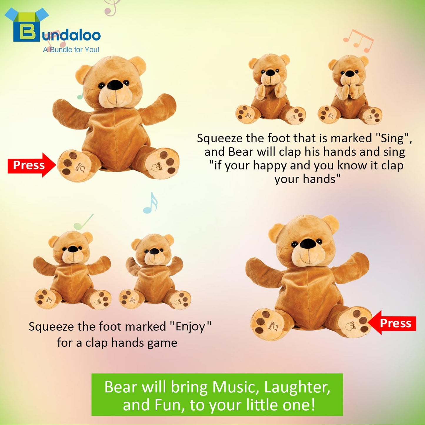 Bundaloo Plush Clapping Bear Animated Singing Play Along Stuffed Animal for Kids - Plays Games and Sings Songs