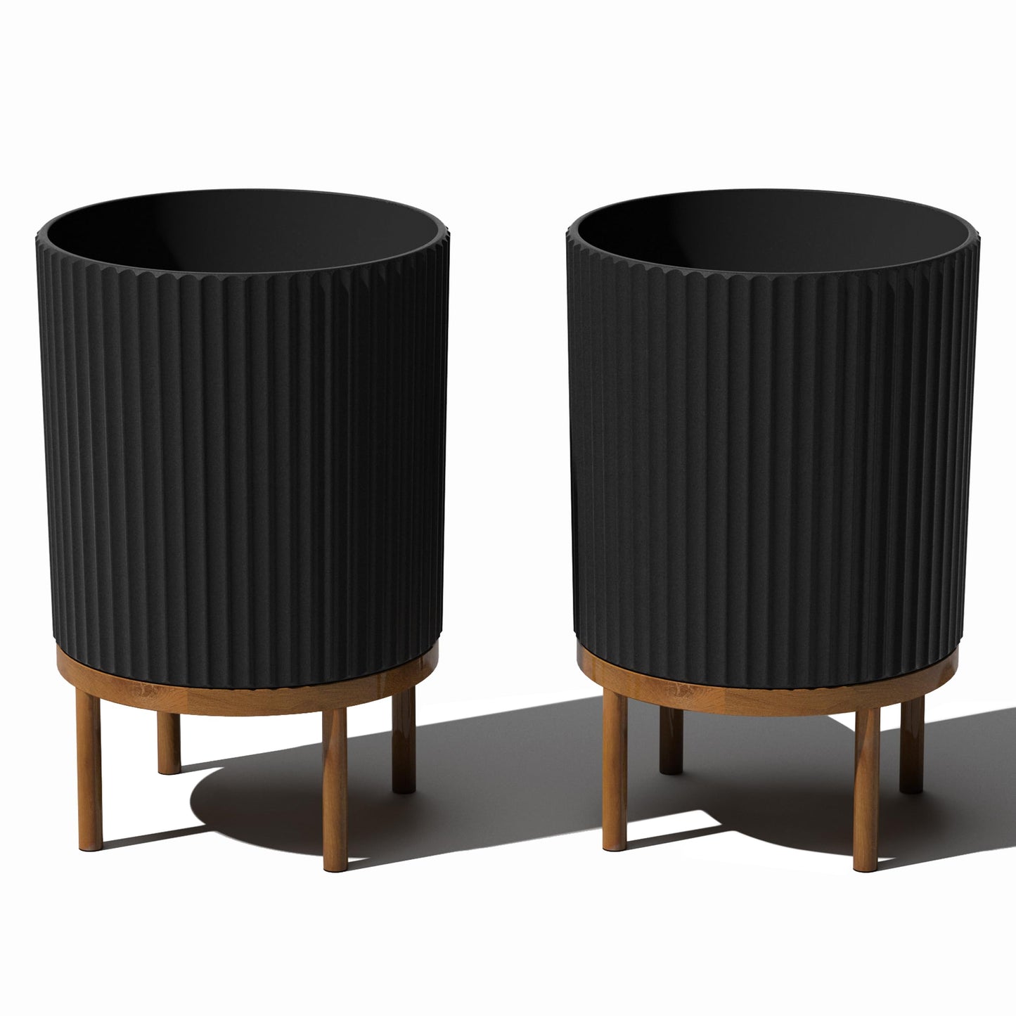 Veradek Demi Series Round Planter w/Stand for Porch/Patio | Durable Plastic-Stone Composite & Wooden Stand | Modern Décor for Tall Plants, Flowers