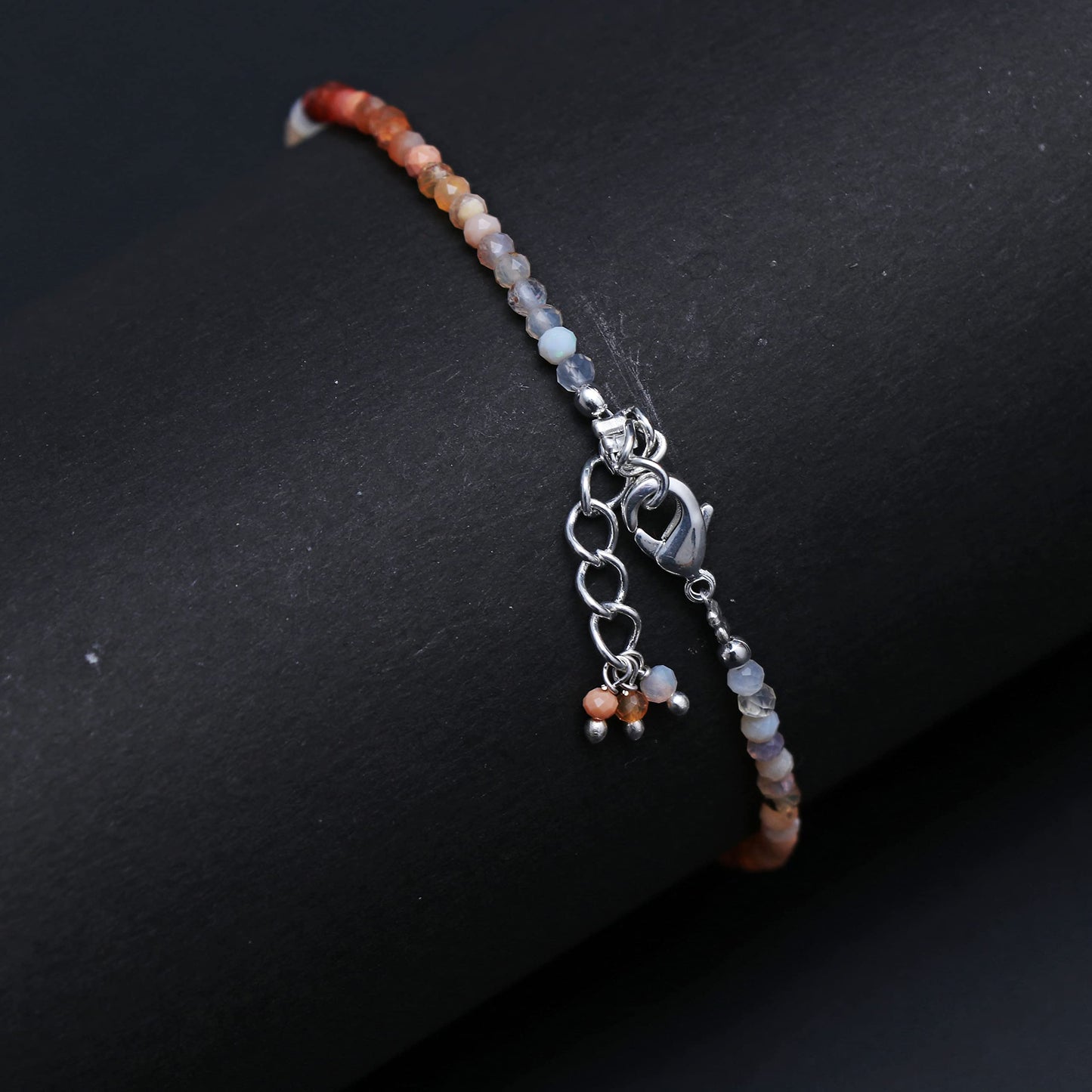 Gempires Handmade Mexican Fire Opal Gemstone Beaded Bracelet for Women | 2.4–2.5 mm Faceted Natural Stone | Adjustable 7+1 Inch Silver Plated Chain | Dainty Minimalist Stacking Jewelry | October Birthstone Gift