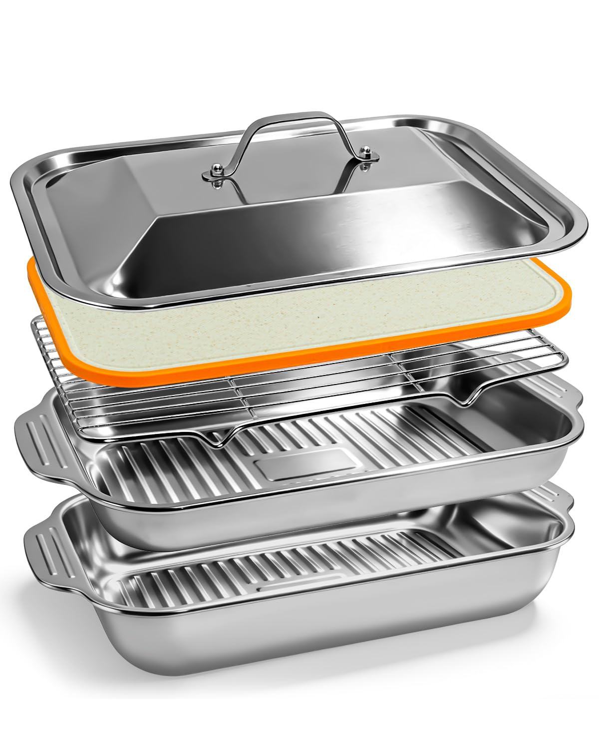 Ashwaves Grilling Prep and Serve Trays with Upgraded Lid, Stainless Steel Extra Large Grill Carry System, Deep Marinating Container with Cutting Board for BBQ Outdoor Grilling