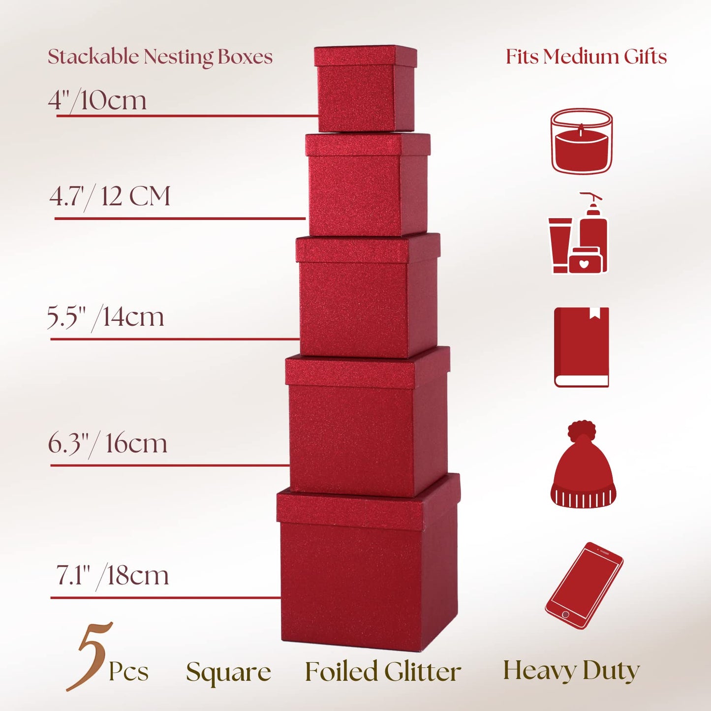 UNIQOOO 5Pcs Red Glitter Xmas Gift Box Set with Lid, Assorted Size, Square Nested Wedding Keepsake Boxes, Holiday Paper Box Tower For Birthday Party, Valentine's Day Gift Wrap Packaging