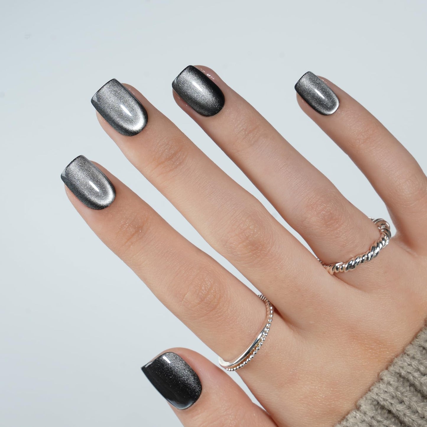 Cat Eye Black Press On Nails Square - Silver Short Square Fake Nails with Nail Glue, Black Goth Cateye Press On Nails Reusable Stick On Nails in 15 Sizes - 30 Nail Kit for Women | Salon Quality
