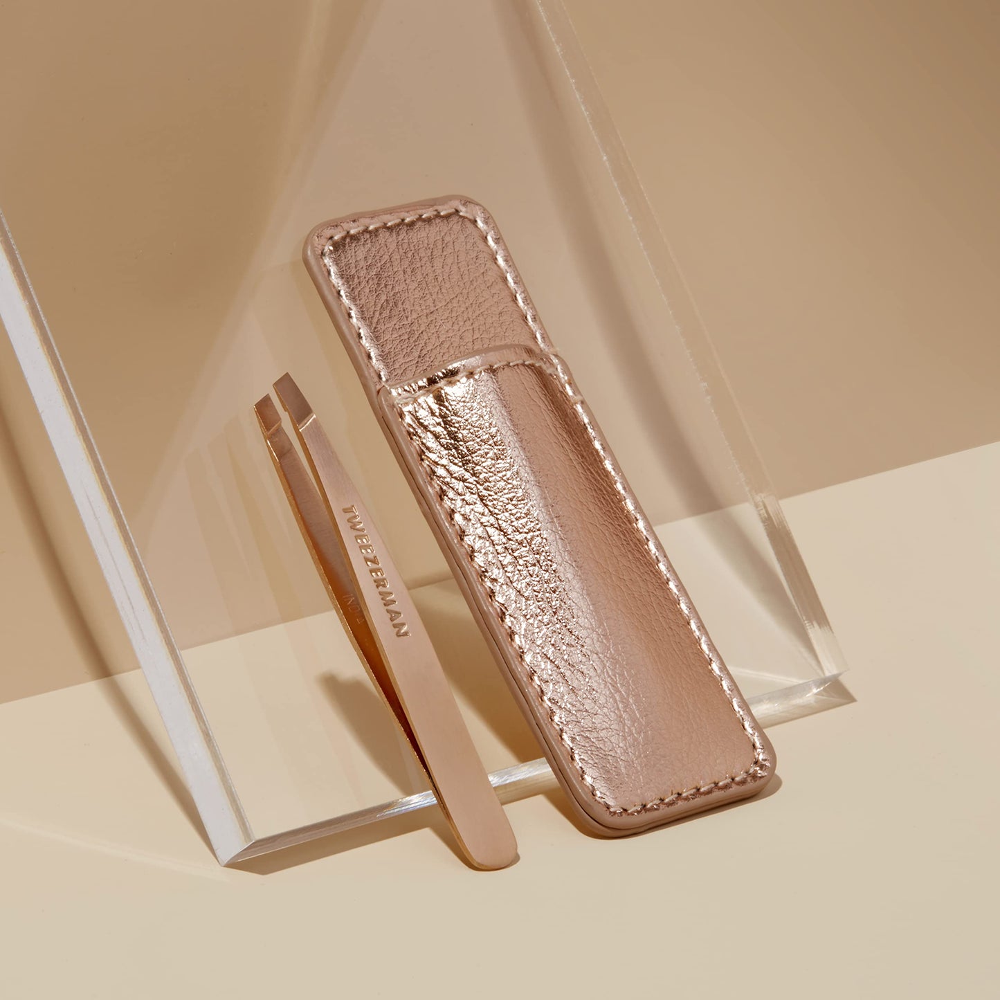 Tweezerman Rose Gold Mini Slant Tweezer with Case - Eyebrow Tweezers for Women and Men