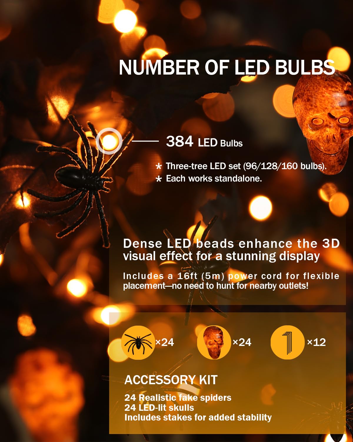 TYBEEU Halloween Decor Set – 4ft, 5ft & 6ft Black Maple Trees with 384 LED Lights, 24 Skull Lights & Spiders, Dimmable Timer, 16ft Cord, Indoor & Outdoor Decoration