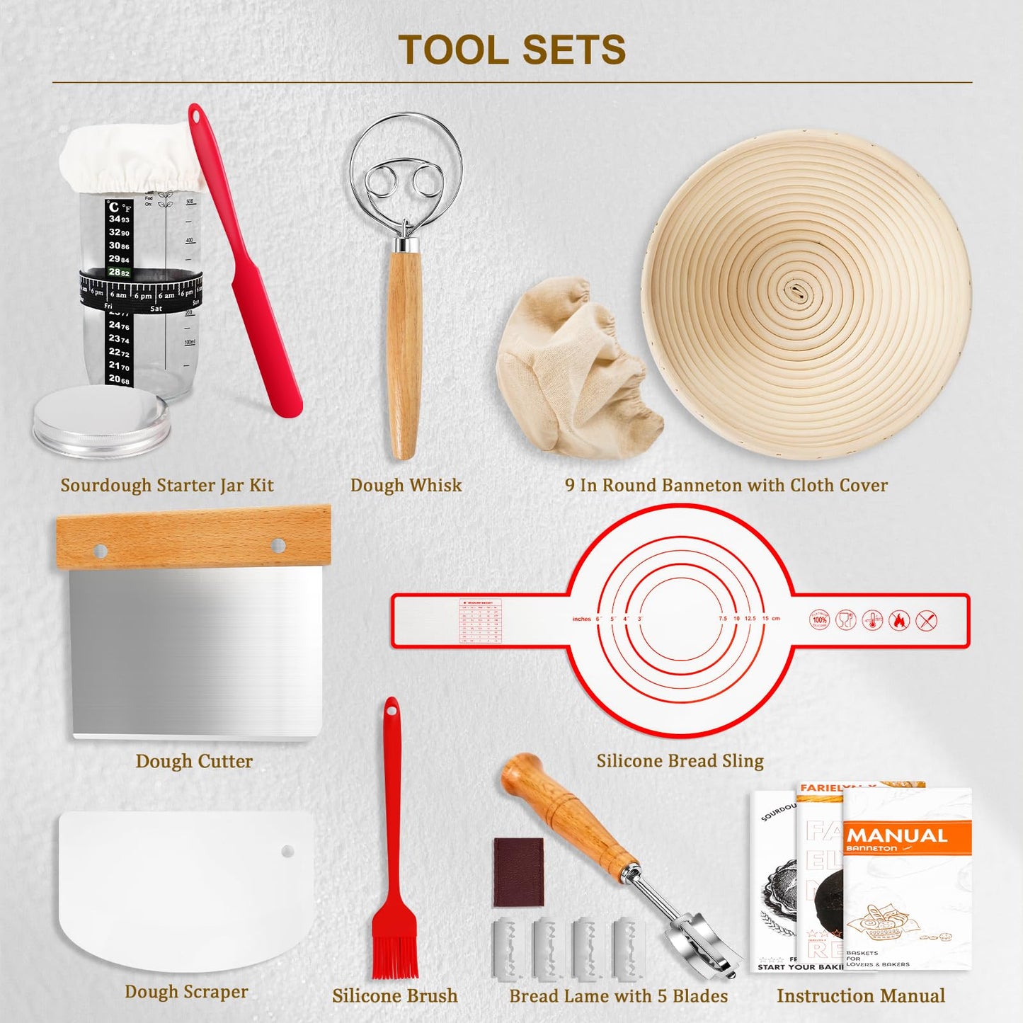 Complete Sourdough Starter Kit, Bread Baking Supplies, 9'' Round Banneton Bread Proofing Basket with Glass Sourdough Starter Jar & Tools, Bakery Accessories for Bread Making Baking Fermentation