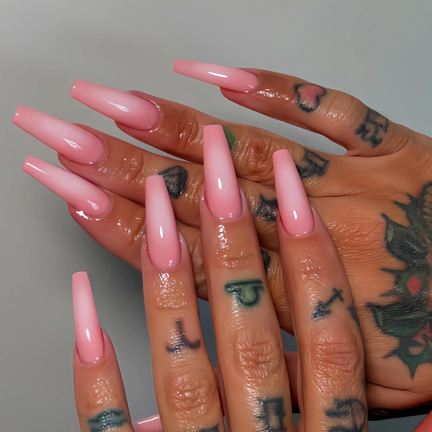 MISUD Press on Nails - Long Square Fake Nails with Pink White, Acrylic Aura Ombre Design 24 pcs