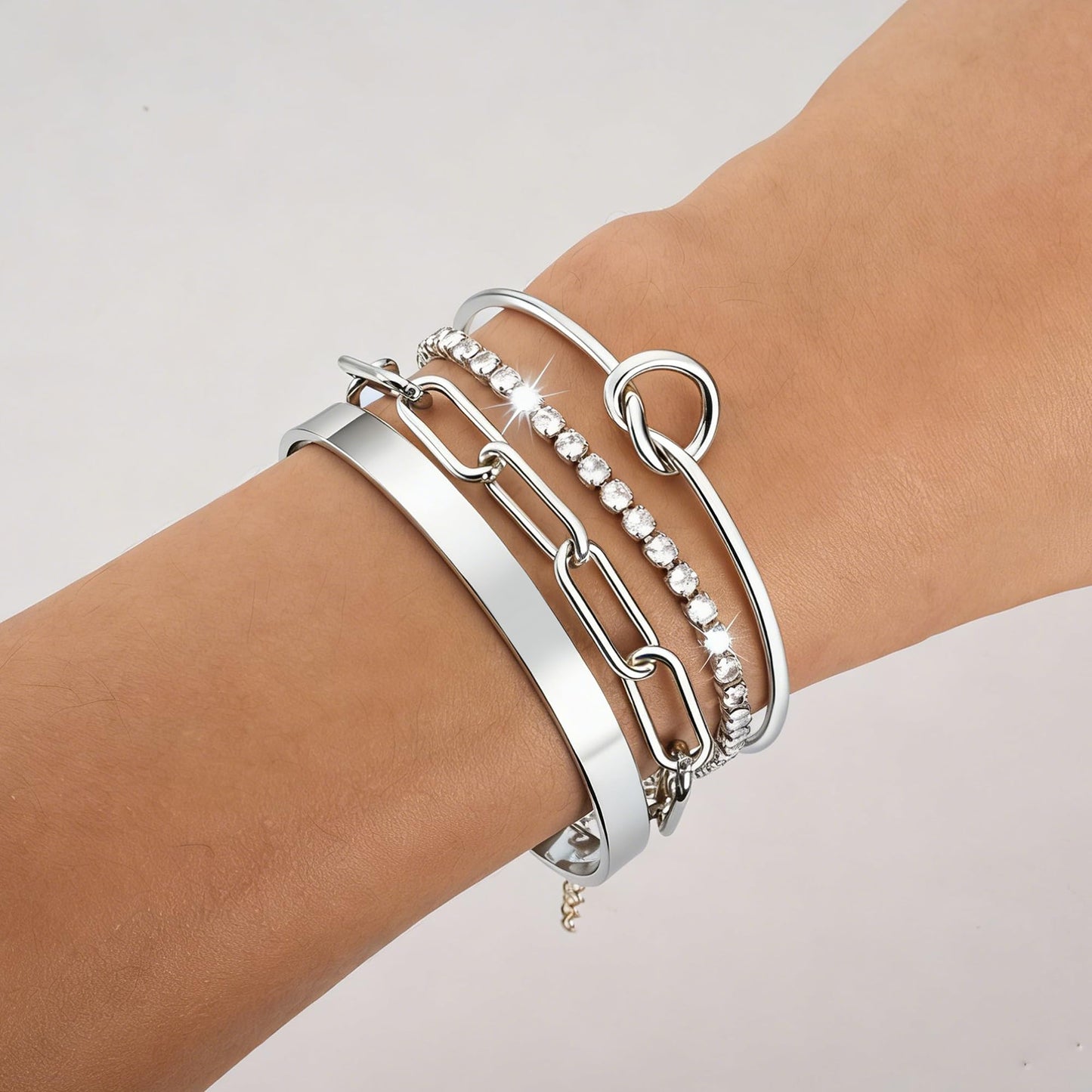 Reoxvo 925 Sterling Silver Plated Tennis Bracelets Stack for Women Silver Bangle Cuff Bracelets Set for Women