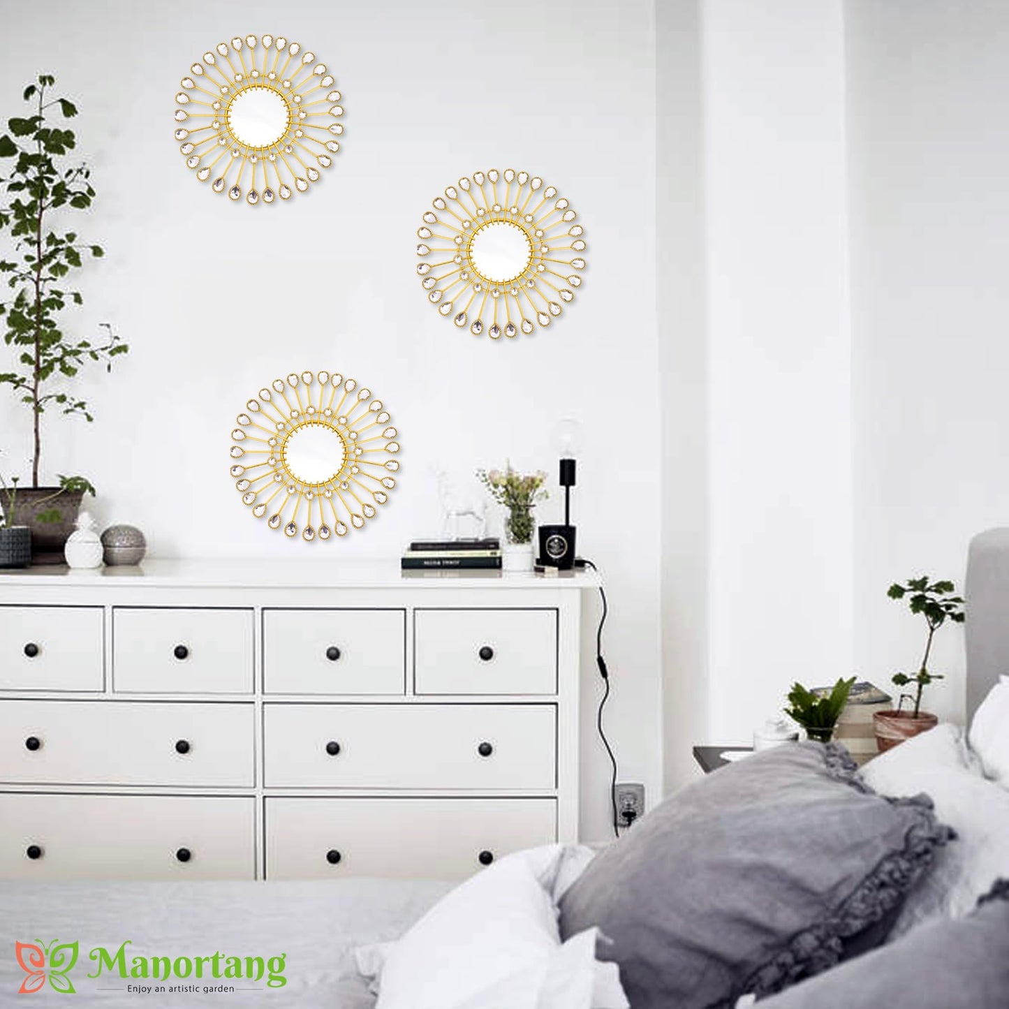 Manortang Gold Mirrors - Sunburst Valentine Wall Art, Decorative Round Mirrors for Valentine Bedroom, Living Room, Bathroom, Kitchen, Entryway, Hallway - Set of 3