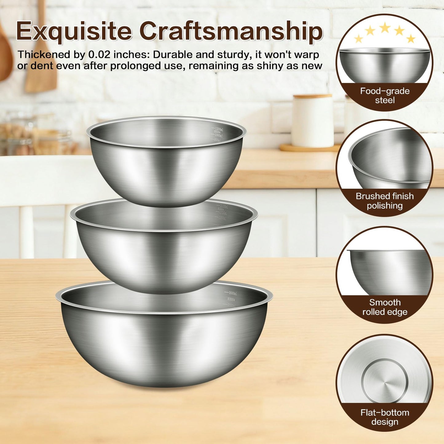 Gronivex Stainless Steel Mixing Bowls Set, Food Grade 304, Dishwasher Safe & Stackable for Baking, Tossing Salads, and Meal Prep for Your Kitchen (3 pack-1.45,2.22,3.38qt, no lid)