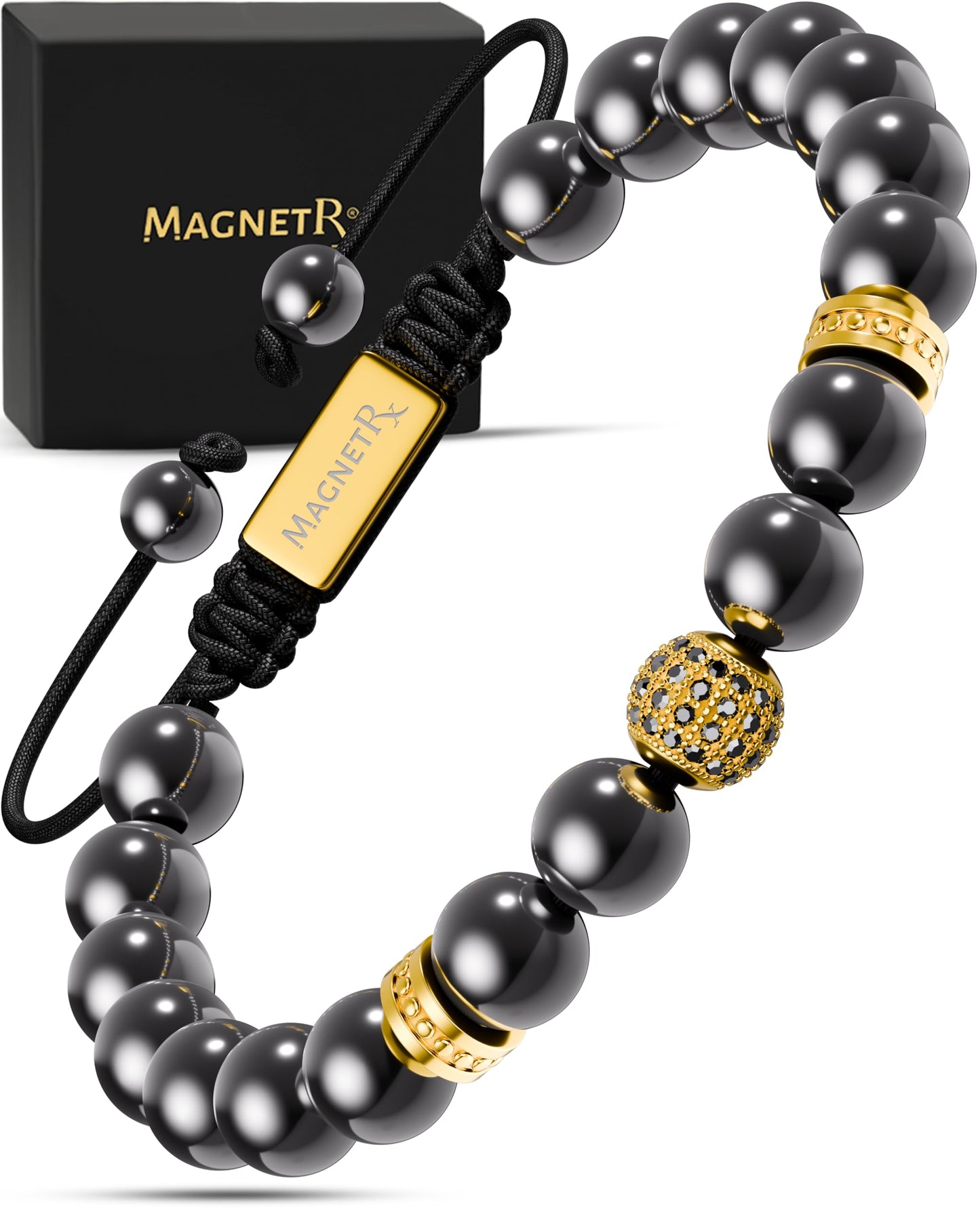 MagnetRX® Magnetic Hematite Bracelet - Max Strength Magnet Stones - Magnetic Beaded Bracelets for Men and Women (Gold Zeus 8mm Bead)