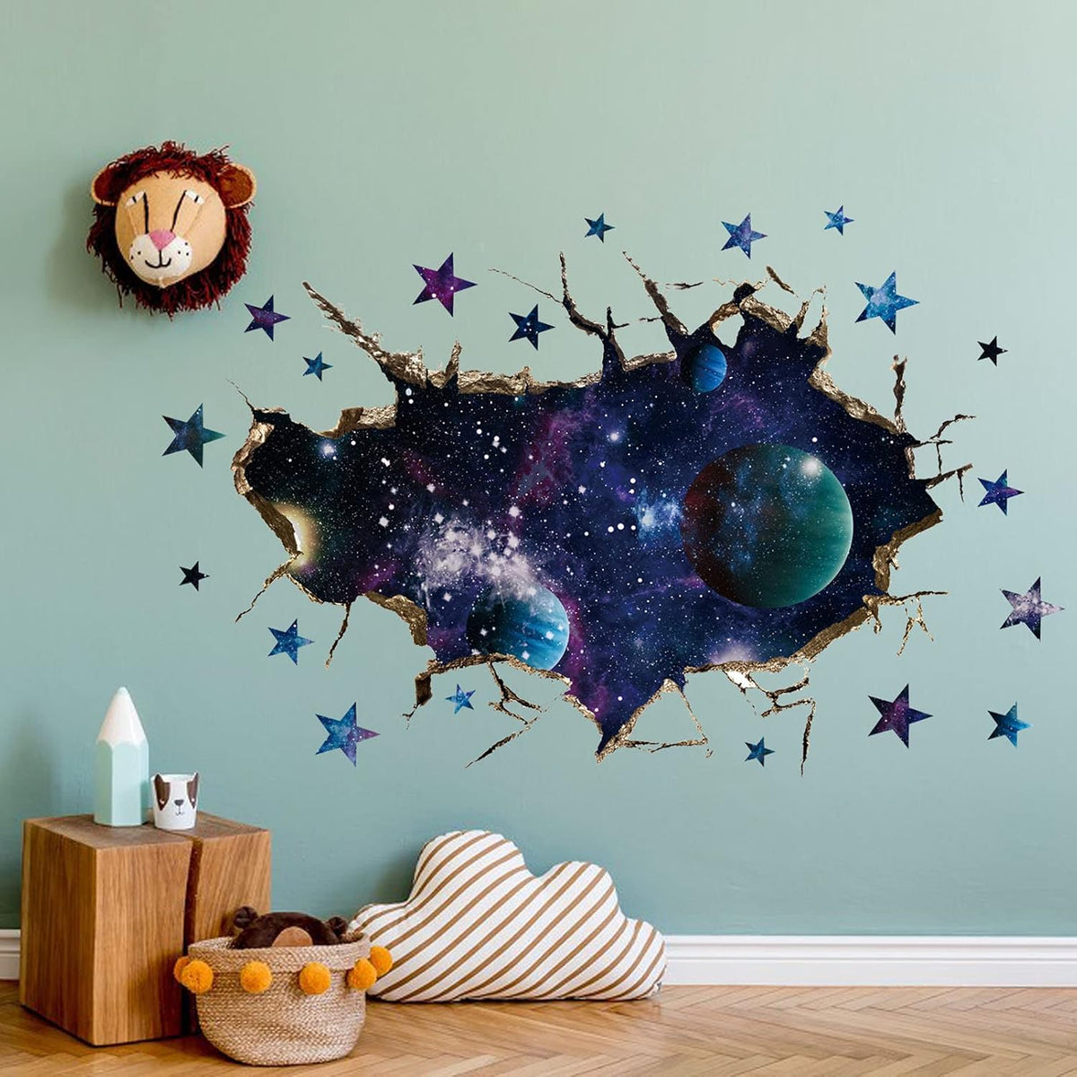 3D Space Galaxy Wall Decor Stickers, Removable Broken Outer Space Planet Waterproof Vinyl Floor Decals, 3D Art Magic Wall Mural Decals for Bedroom Living Room Home Wall Decor
