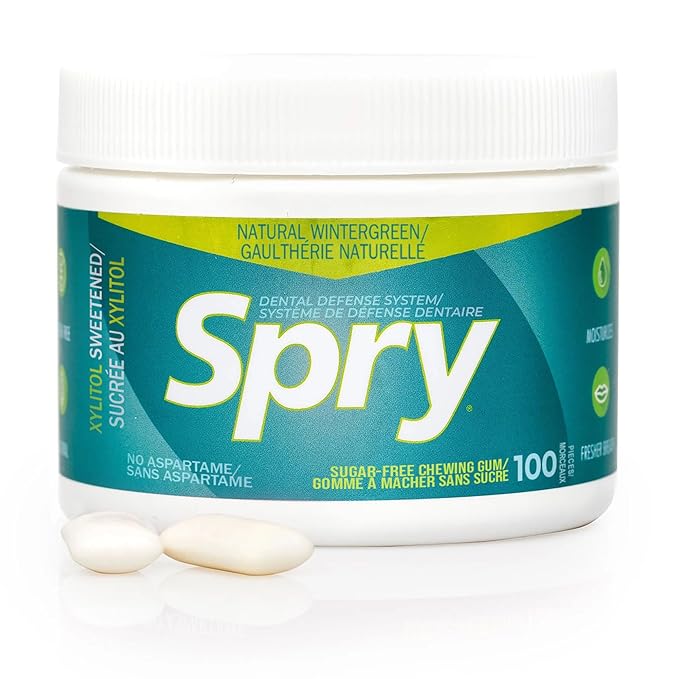 Spry Fresh Natural Xylitol Chewing Gum Dental Defense System - Aspartame-Free, Sugar-Free, Non-GMO, Gluten-Free (Wintergreen, 100 Count - Pack of 1)