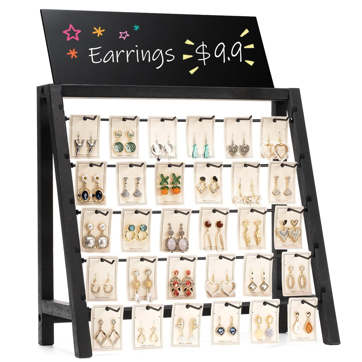 Poyilooo Jewelry Display for Vendors, 30 Hooks Wood Earring Bracelet Display for Vendors Selling with Adversitsing Board, Large Capacity Jewelry Display Holder Stands Rack for Earring Cards Keychain