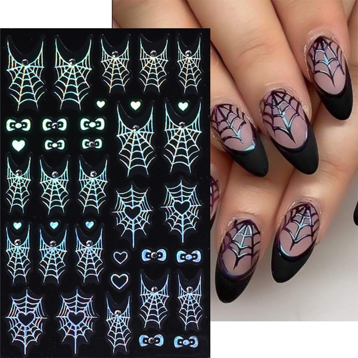 4 Sheets 5D Embossed Halloween Nail Stickers for Nail Art Self-Adhesive Ghost Spider Web Spider Nail Decals Laser Gold Silver Rhinestones Nail Designs Stickers Holiday Nails Supplies for Women DIY