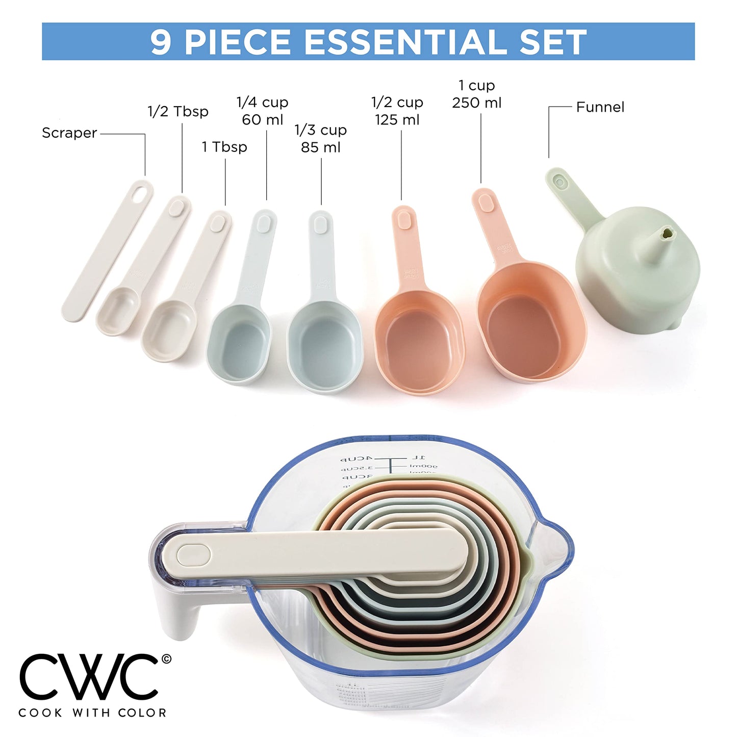 COOK WITH COLOR Measuring Cup Set - 9 PC. Nesting Stackable Liquid Measure Cup, Dry Measuring Cups and Spoons with Funnel and Scraper (Pastel)