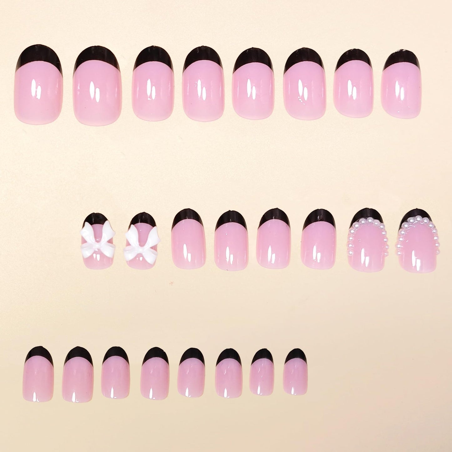 Black French Tip Press on Nails Short - Almond Fake Nails with Peal Tip Designs White Bow Artificial False Nails French Tip Glue on Nails Glossy Full Cover Stick on Nails for Women 24Pcs