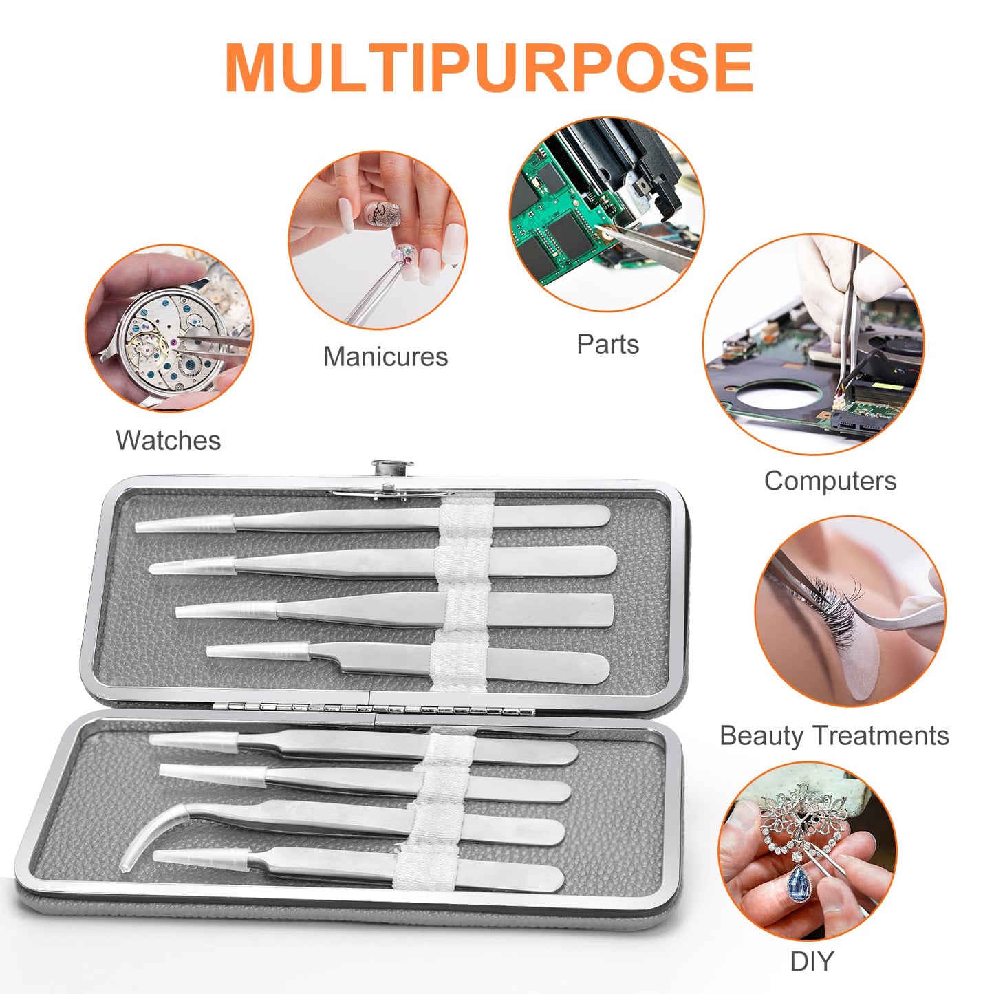 Precision Tweezers Set, 8PCS Stainless Steel Tweezers, soldering tweezers,for Craft, beauty care、Electronics, Soldering, Experimental Work, Jewelry-Making