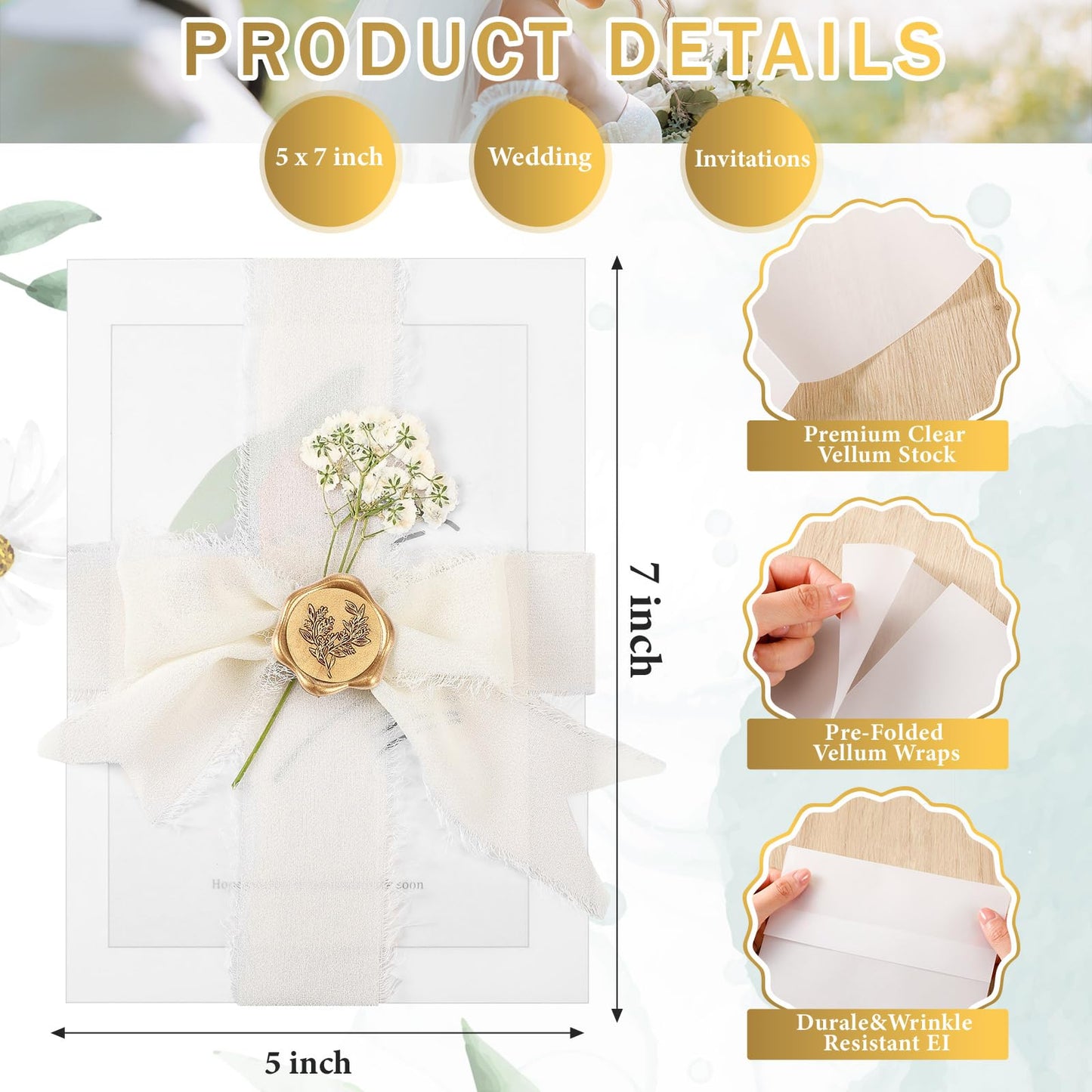 Fuyoooo 30 Set Wedding Invitations Wraps Set Pre Folded Vellum Jackets for 5 x 7 Invitations Self Adhesive Gold Wax Seal Stickers Dried Baby's Breath Flowers Chiffon Silk Ribbon for Craft DIY
