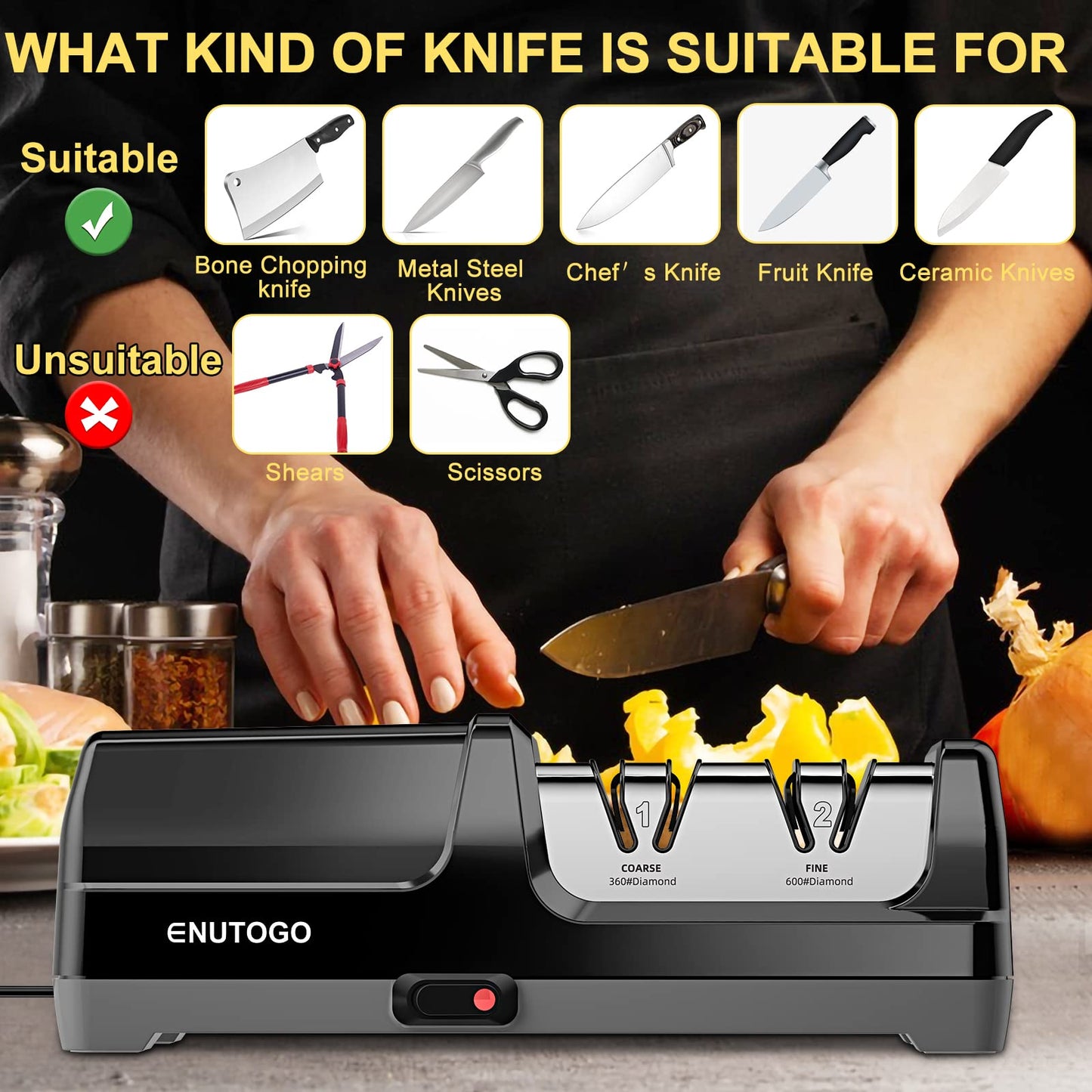 Enutogo Knife Sharpener, Professional 2-Stages Eleltric Knife Sharpeners with Diamond Abrasives for 20-Degree Straight Edge, Knife Sharpener for Kitchen Knives with Sharpening and Polishing