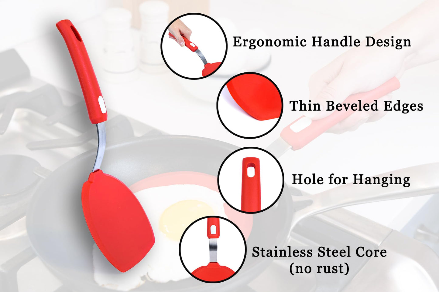 Dalup Enterprises Wide Silicone Pancake Spatula – Large Heat-Resistant Turner for Cooking | Nonstick Safe | Stainless-Steel Reinforced Core & Easy-Grip Handle