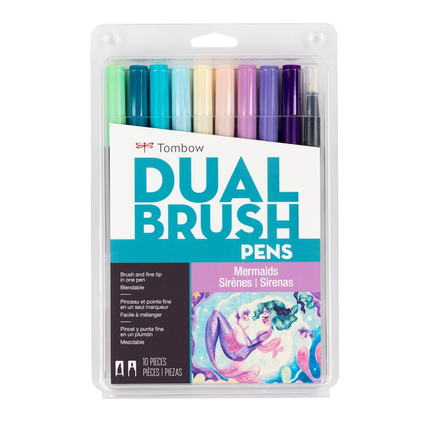 Tombow 56256 Dual Brush Pen Art Markers, Mermaids, 10-Pack, Water-Based Ink, for Hand Lettering, Watercolor, Fine Art, Illustrations