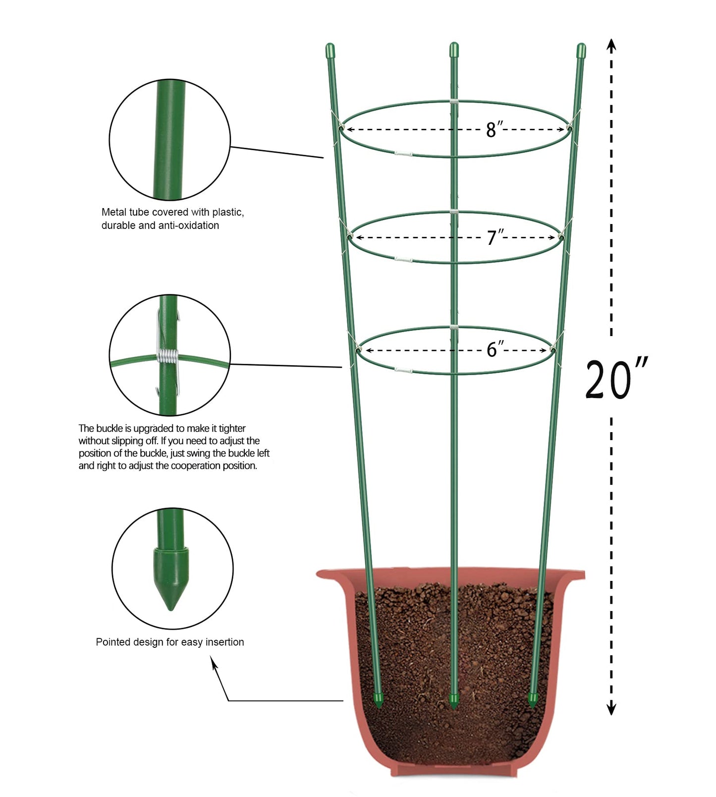 Alliico Plant Support Cages for Climbing Plant 20" Flower Cherry Tomato cage with Stand Stakes and Stable Support Rings, 3 Pack with 12 Clips (20")