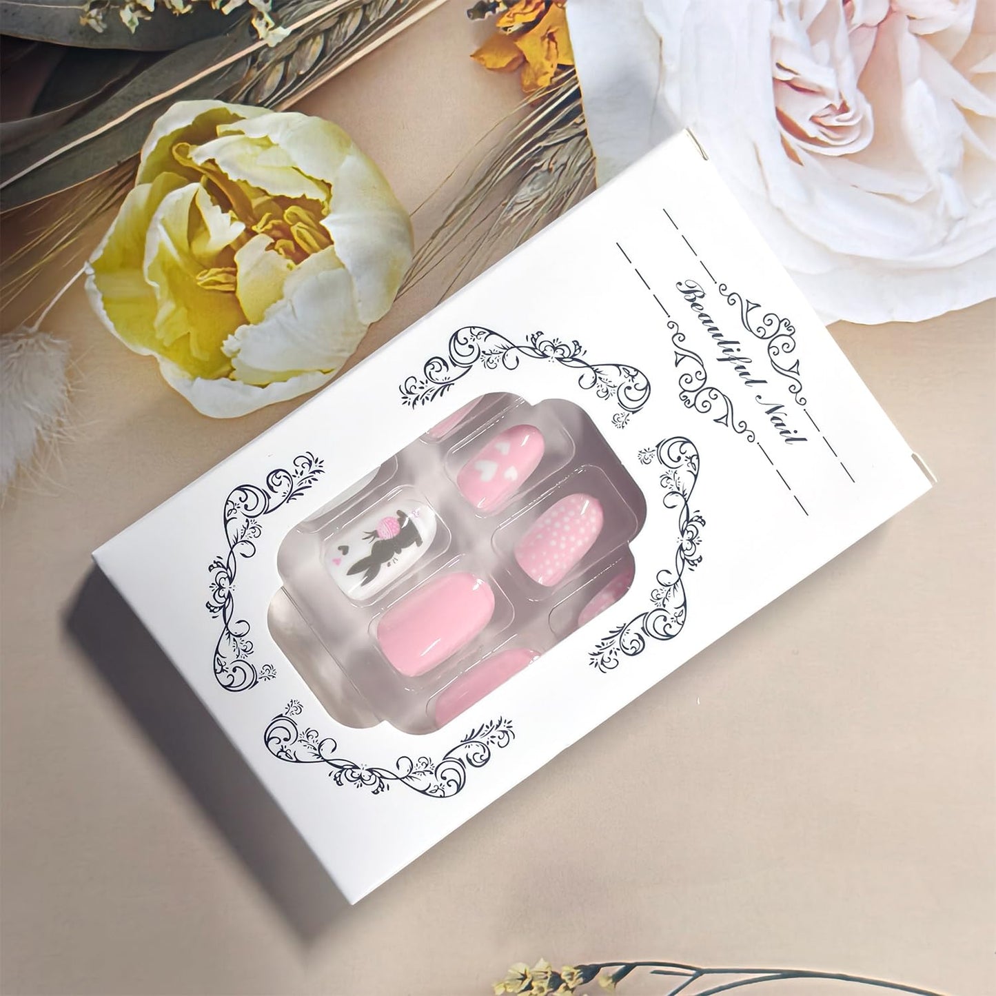 Flowers Easter Press on Nails Oval Shaped Artificial Acrylic Fingernails Nude Pink False Nails Black Rabbit Floral Spring Short Stick on Nail Full Cover Glossy Fake Nail for Women Festival Manicure
