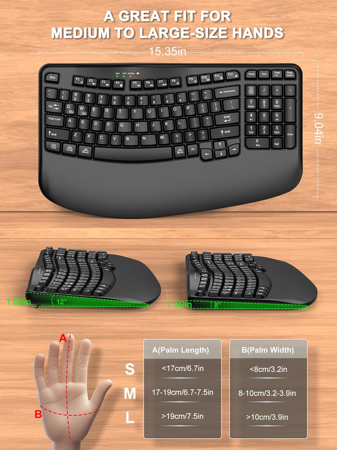 EDJO Ergonomic Wireless Keyboard with Wrist Rest, Wave Keys, Comfortable Natural Typing, 2.4GHz Ergo Wireless USB Computer Keyboard for Multi-OS, Windows, Mac OS, Laptop, PC (Black)