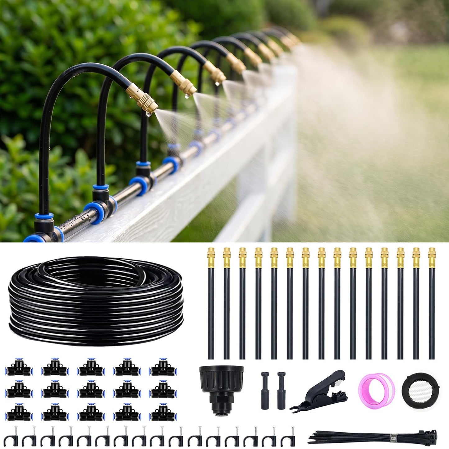 Thiswing 360° Adjustable Drip Irrigation System - Compatible 1/4" Irrigation System, 50FT Garden Watering Atomizing System with 15 Nozzles, Greenhouse Accessories for Yard, Lawn, Plants, Garden