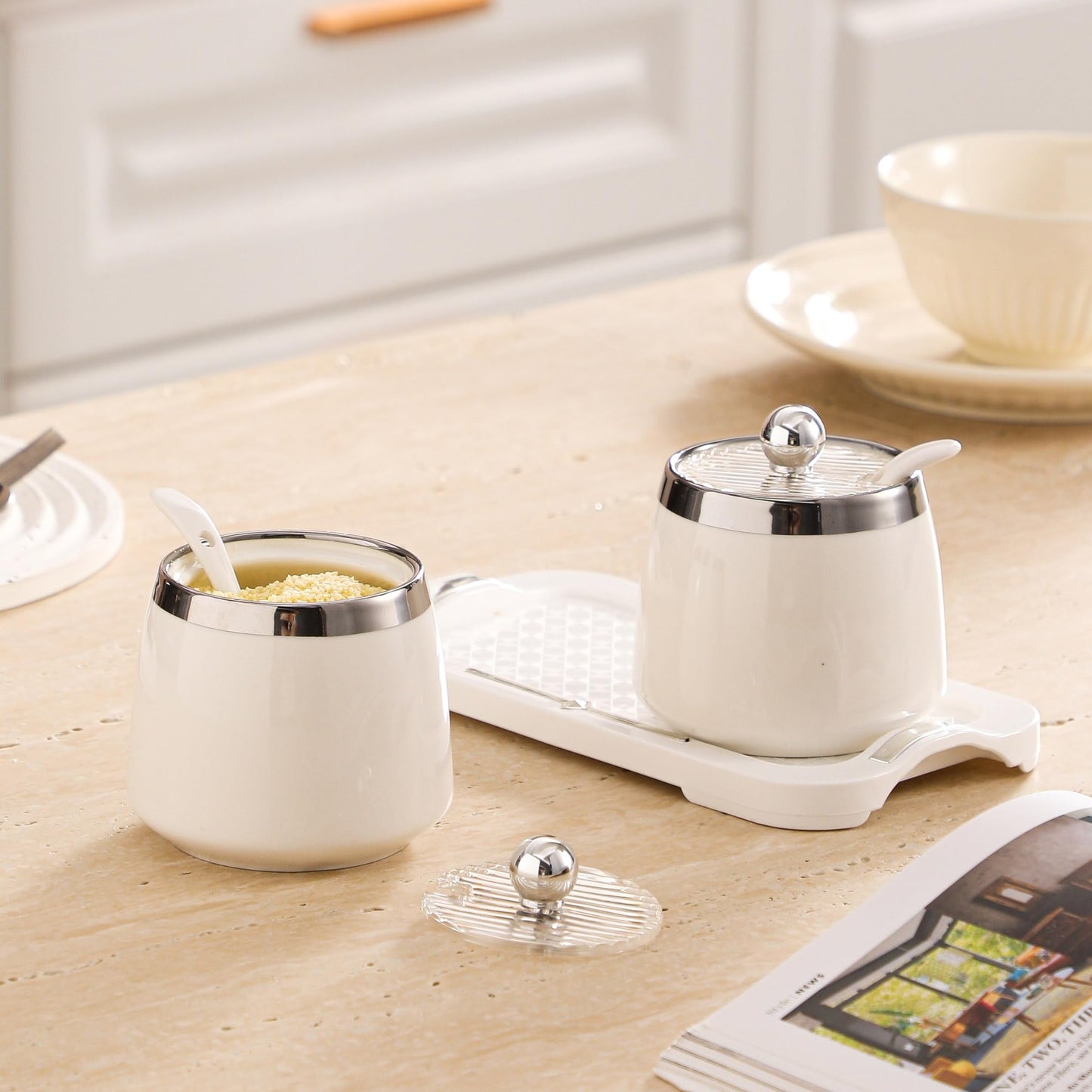 shuqiao Porcelain Condiment Jar Spice Container with Lid - Ceramic Spoon, Plastic Tray is the best clay pot for your home, kitchen, counter. White, 280 ml (9.4 oz), 2-piece set (3, Square)
