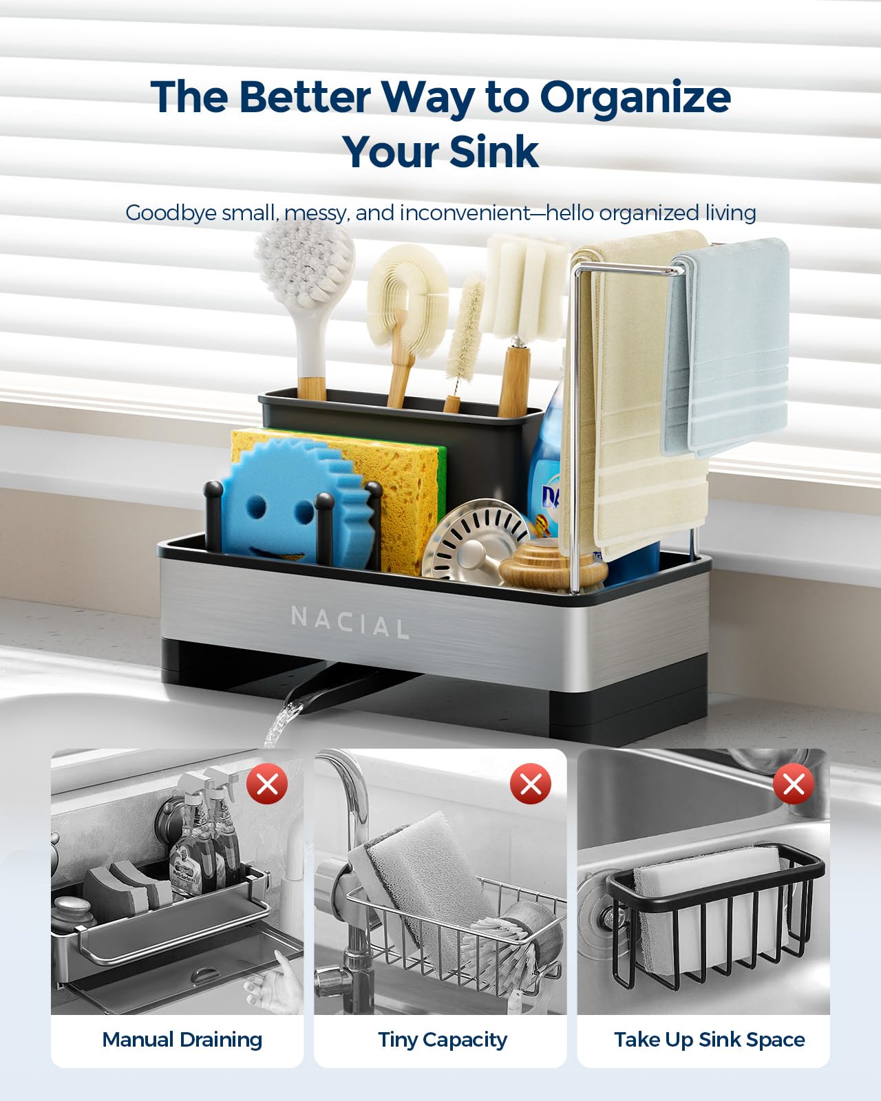 Nacial Kitchen Sink Caddy Organzier with High Brush Holder, Sponge Holder for Kitchen Sink with Two Towel Racks - Rustproof 304 Stainless Steel Kitchen Countertop Storage Essentials