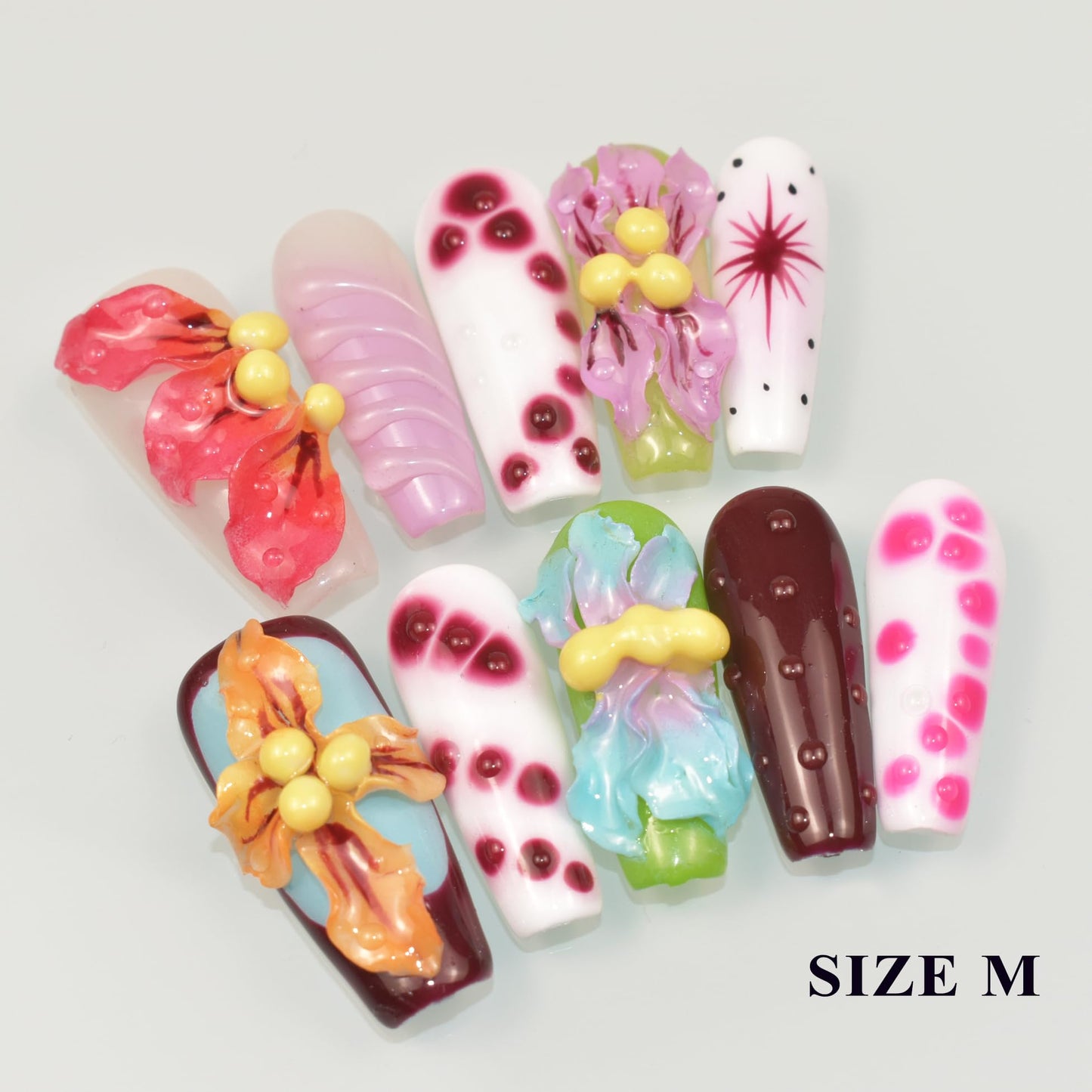 LIFOOST Handmade Press On Nails Long Multicolor 3D Carving Flowers Design 10pcs Hand painted Smudging Glue On Acrylic Fake Nails