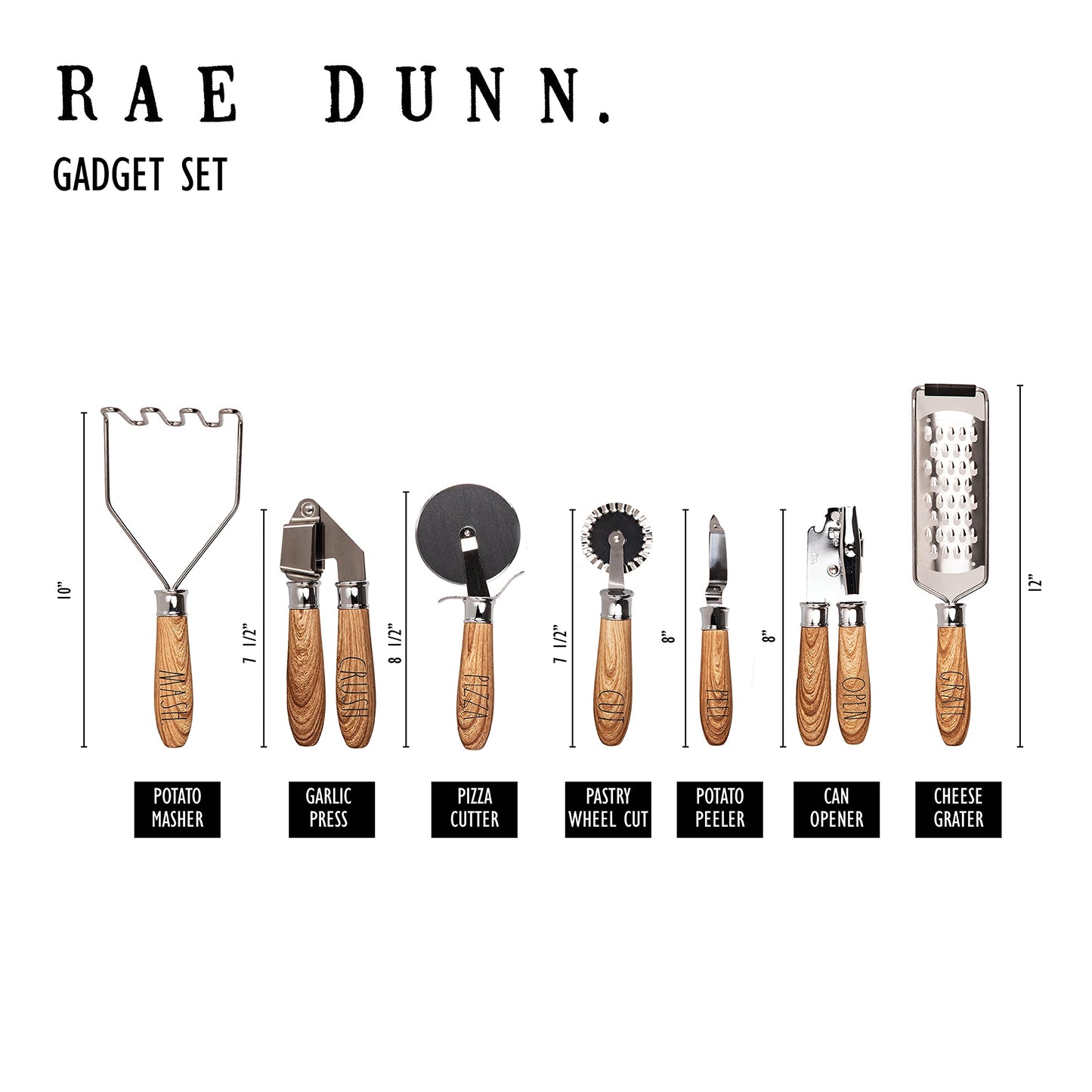 Rae Dunn Everyday Collection 7 Piece Wooden and Stainless Steel Kitchen Gadget Set- Kitchen Tools with Wooden Handles
