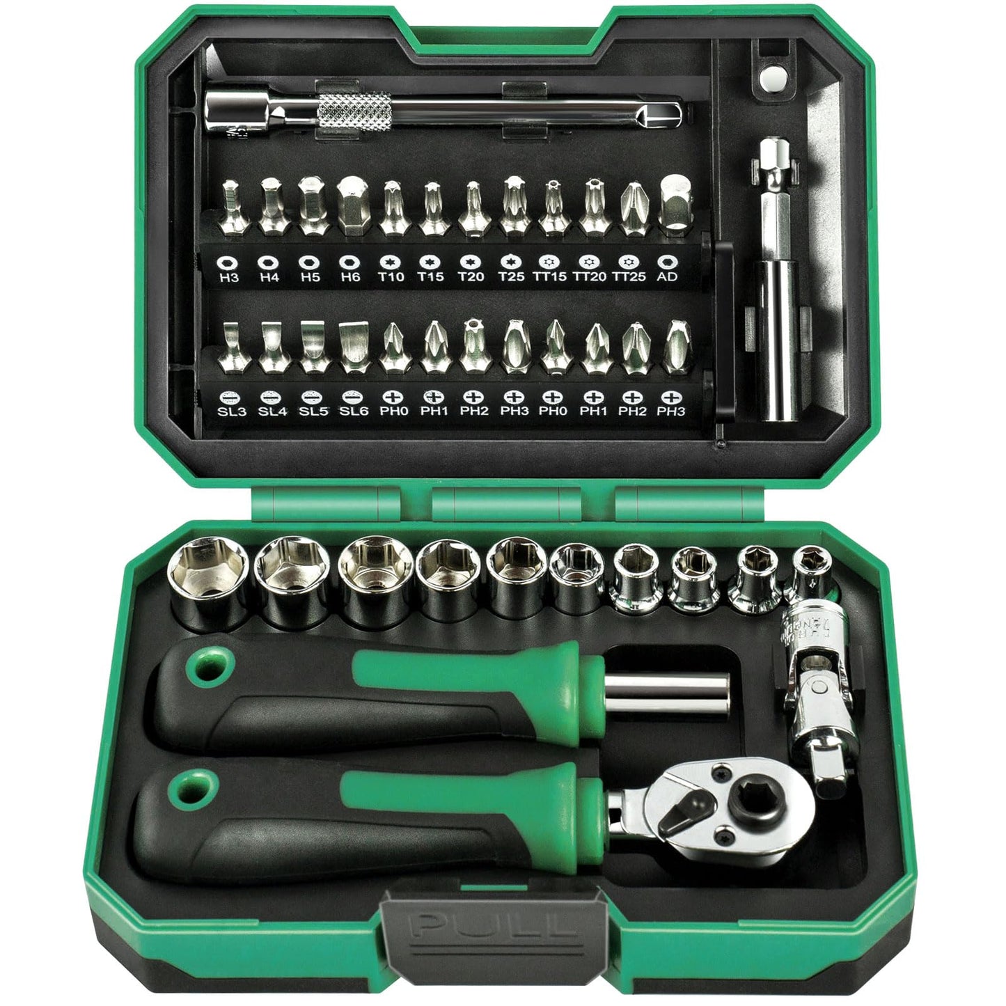 Faoyoon 39PCS Ratcheting Wrench Set, Metric Shallow Mini Socket Set with Ratchet (4-13mm), 1/4“ Mini Ratchet Screwdrivers Set Magnetic, Power Bits, Universal Joints, Spinner, Extensions, Storage Box