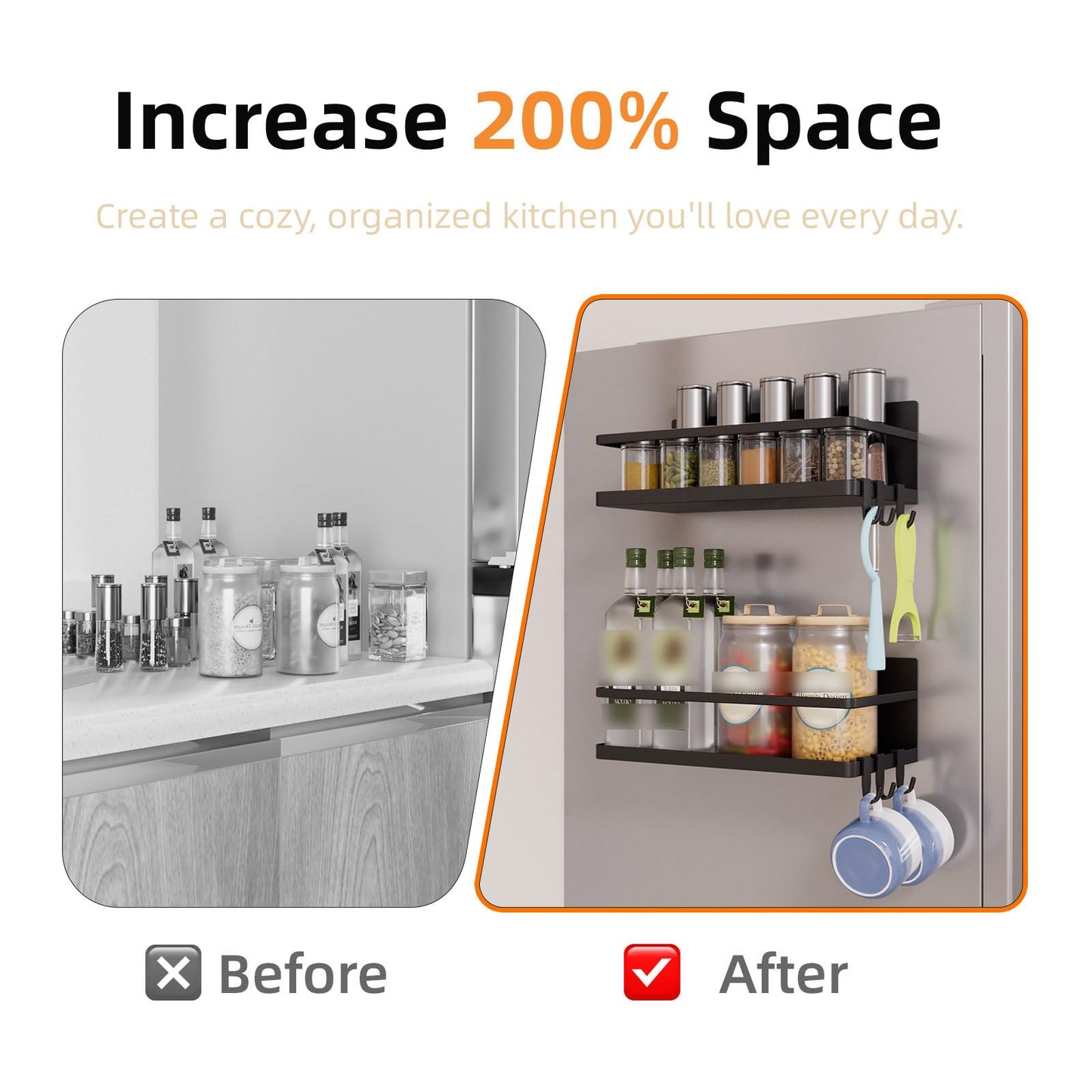 KMUZAWN Magnetic Spice Rack for Refrigerator, 2 Pack Magnetic Shelf, Fridge Magnet Organizer with Moveable 6 Hooks, Magnetic Fridge Shelf for Kitchen Organization and Storage(Black, 2 Pack)