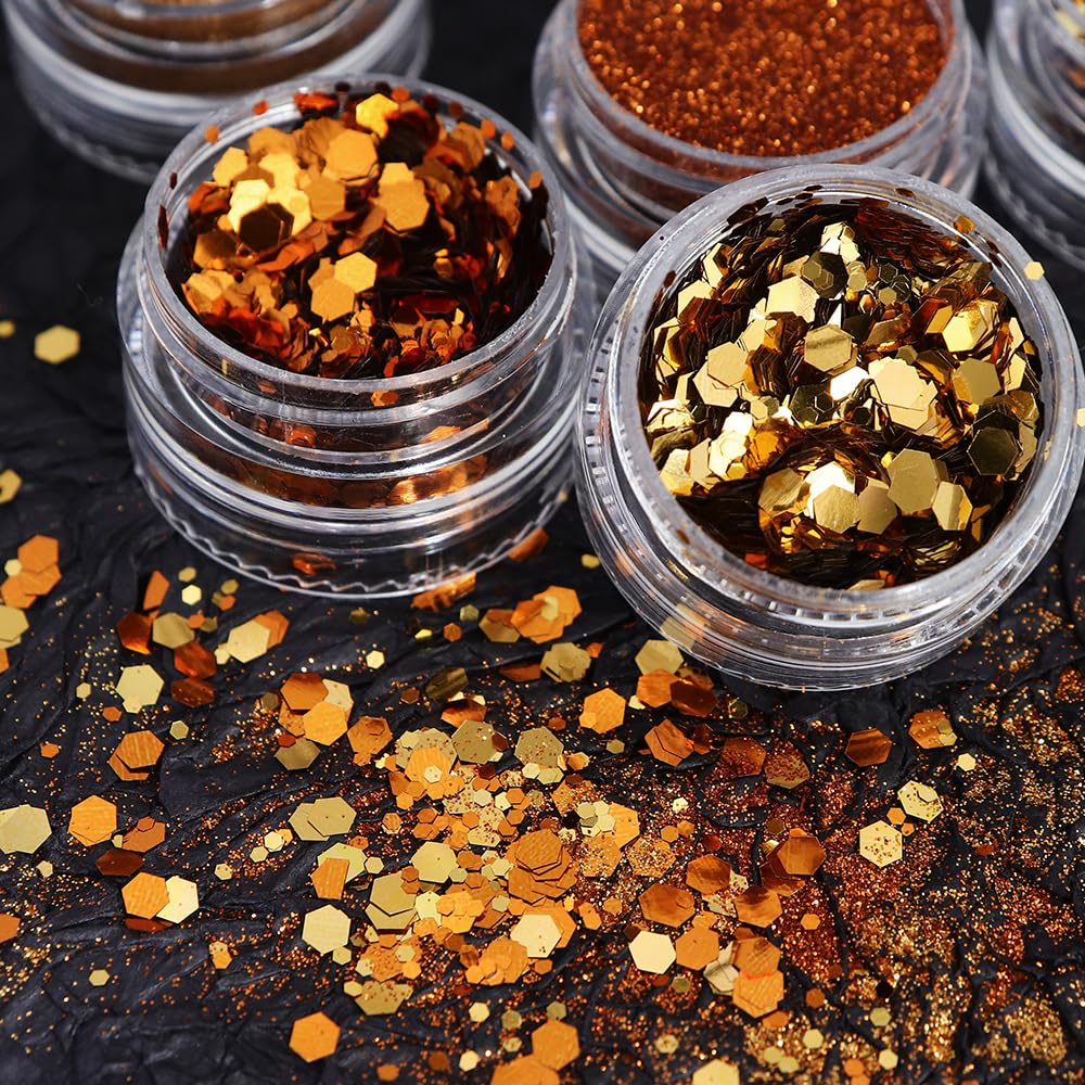 Golden Fall Nail Art Glitters Maple Leaf Nail Sequins, LPOODDNU Autumn Leaves Nail Decoration Accessories 3D Maple Leaves Nail Decals Professional Fall Nail Designs for Women Manicure DIY, 6 Jars
