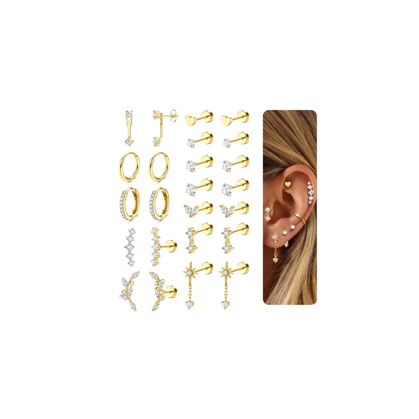LOLIAS Hypoallergenic Flat Back Earrings Cartilage Earring Stacks - Surgical Steel Earrings for Sensitive Ears - Small Stainless Steel Flatback Stud Hoop Earring Sets for Helix Tragus Conch Daith Multiple Piercing Jewelry Trendy 14K Gold Plated
