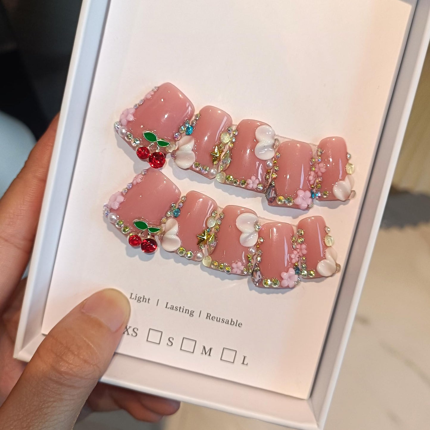 TENPAL Duckbill Shape Press on Nails with Kit,3D Floral Carving Cherry Blush Pink Fake Nails with Tools,Sparkling Icy French Tips False Nails with Rhinestone,Sweet Glazed Artificial Duckbill Nails(S)