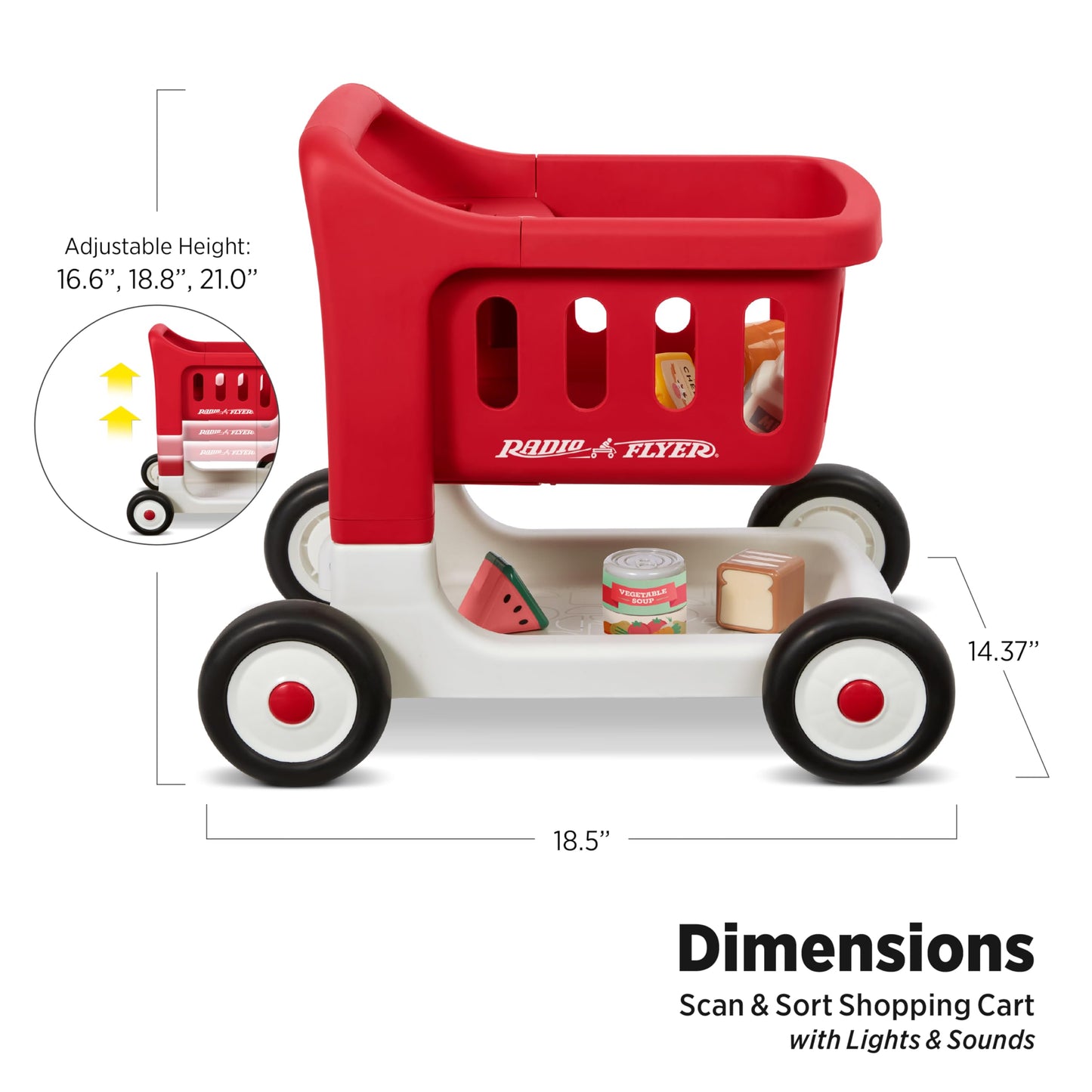 Radio Flyer Scan & Sort Shopping Cart, Red, for Kids 1+, Interactive Baby Walker with Lights & Adjustable Sound, Includes 6 Play Food Items, Adjustable Height Baby Push Walker, for Indoor Play