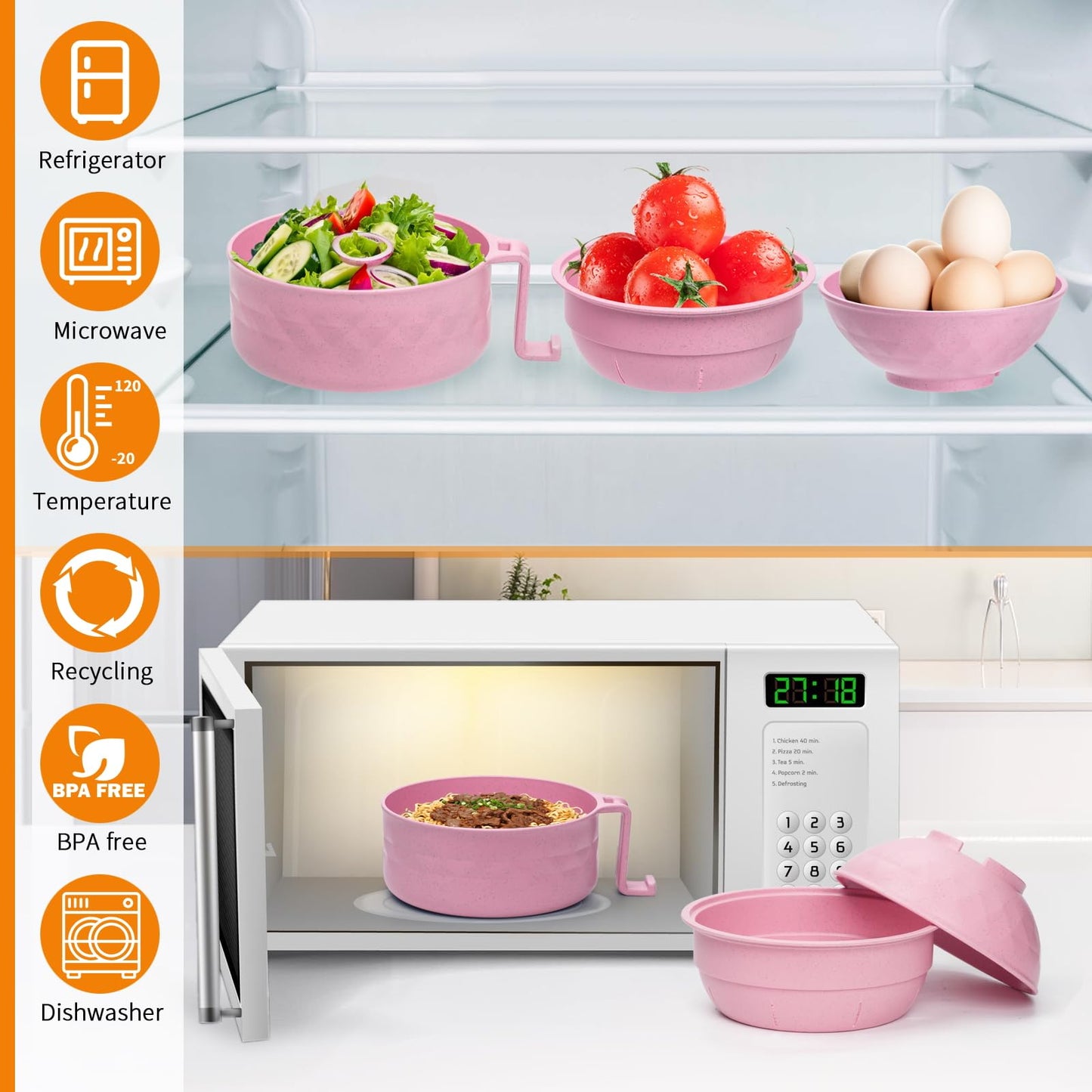 MUUBOOX Ramen Cooker,32oz Ramen Bowl Set,Microwave Ramen Bowl, Microwave Bowl with Lid, Portable Noodle Bowls,for Home Office Dorm Room College gift (Pink)