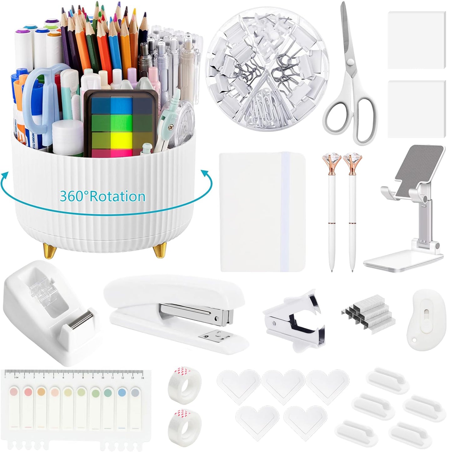 Office Supplies,Desk Accessories,Desk Organizer,Stapler,Tape Dispenser,Folding Phone Holder,Scissors,Notebook,Staple Remover,Staples,Clear Tape,Sticky Notes,Paper Clips,Bookmark,Pen,Pen pals Ect.27pcs