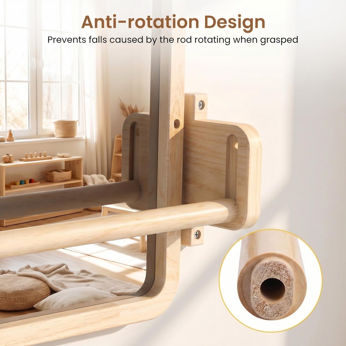 Woodtoe Montessori Mirror with Bar, Adjustable Baby Pull to Stand Toys, Natural Unpainted Solid Wood Frame & Baby Pull Up Bar, Infant Coordination Toddler Mirror, Developmental Toys for 6-18 Months
