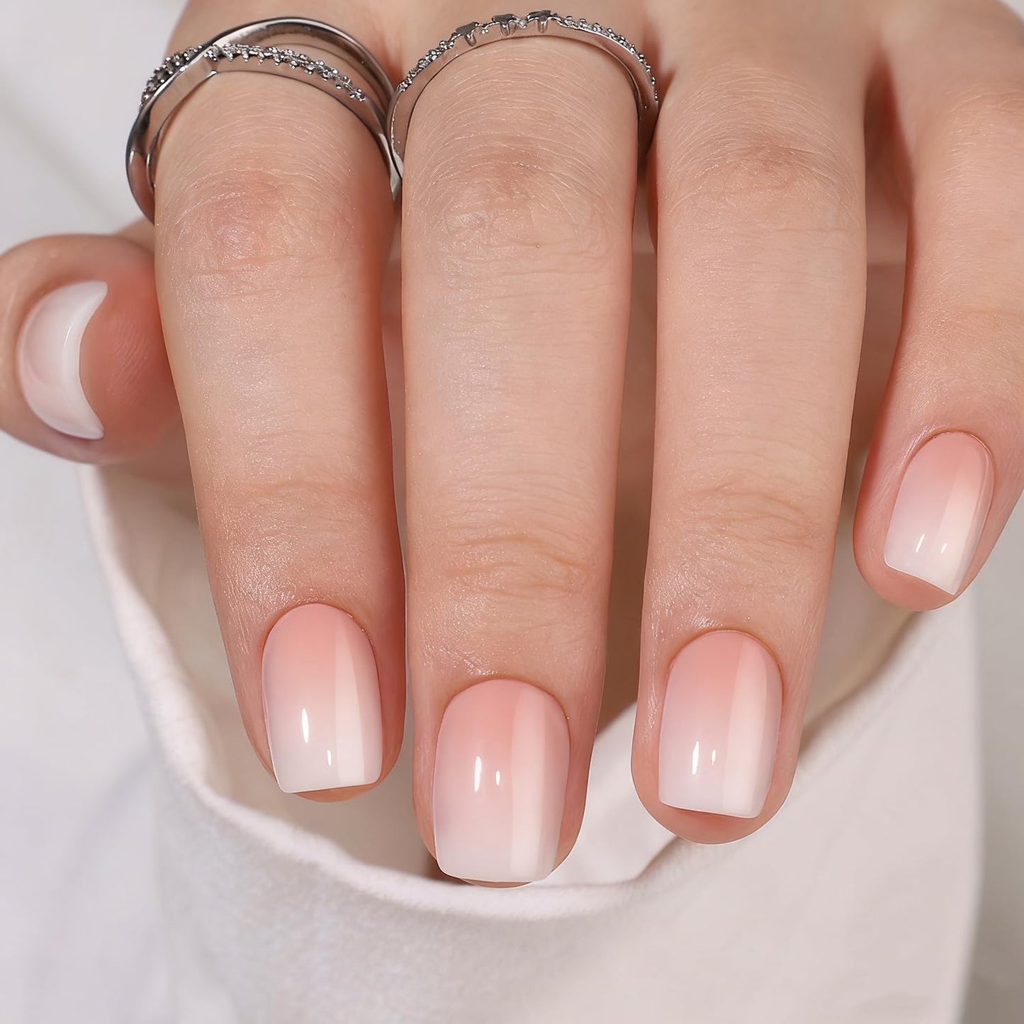 Short Square Press on Nails Luxurious Thickened False Nail with White Pink Gradient Designs Muti-Layer Gel Fake Nails Full Cover Stick on Nail Glossy Acrylic Nails for Women DIY Art 32 Pcs