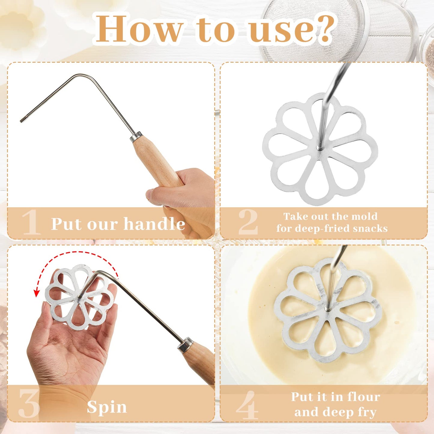 Achappam Mold Bunuelos Mold with Handle Rosette Maker Rosette Cookie Bunuelos Tool Aluminium Cast Waffle Molds Set with 3 Interchangeable Heads Star Flower Circle for Kitchen Baking Cooking Housewares