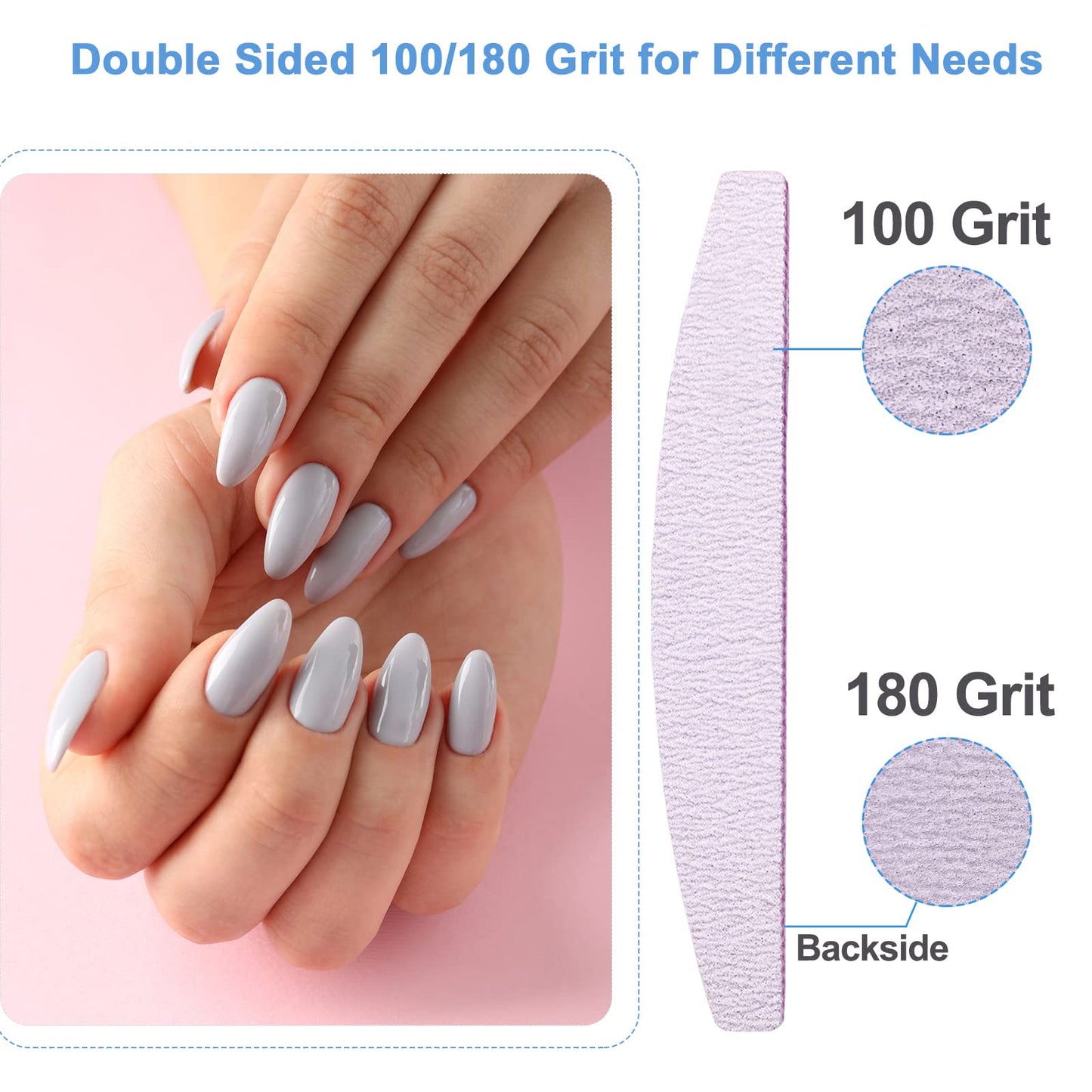 Nail Files (100 Pcs), 100/180 Grit Nail File Emery Board Bulk for Acrylic Nails and Natural Nails, Limas para Unas Acrilicas Profesional Pack Filers for Gel Nail Double Sided Manicure Curved Gray