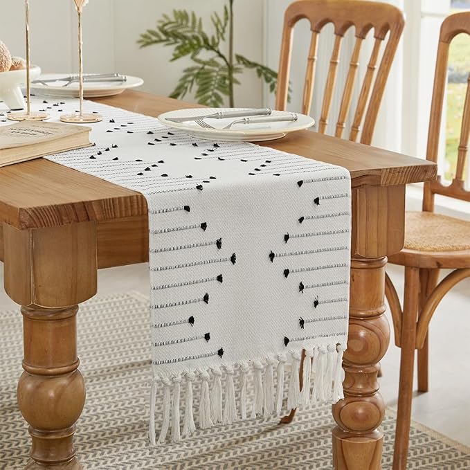 Wracra Boho Table Runner, Natural Cotton Woven Macrame Table Runners 48 Inches Long for Modern Farmhouse Woven Home Decor, 14x48 Inch, Black